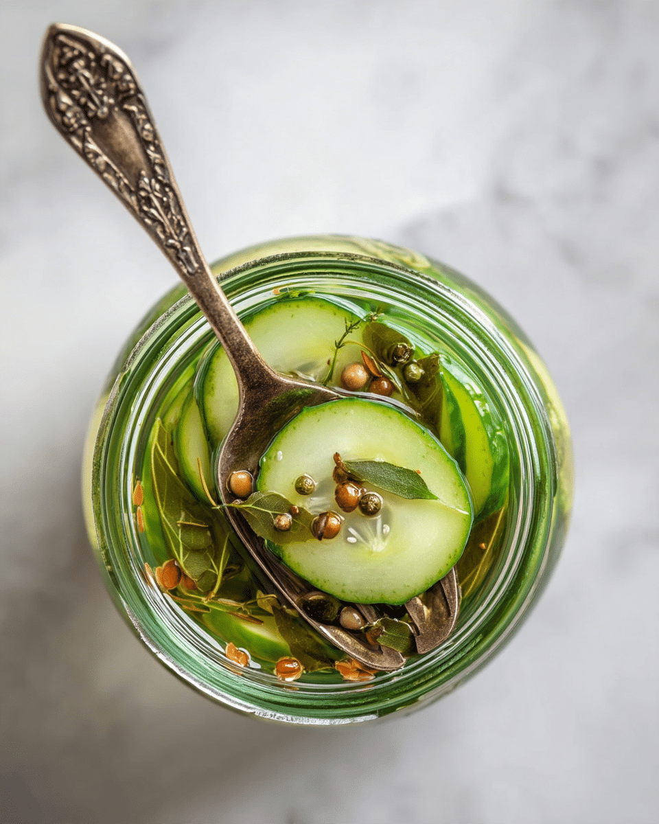 The image shows a close-up top view of a glass jar filled with thinly sliced cucumber pieces submerged in a clear liquid, likely pickling brine. The jar also contains small brown seeds and leafy herbs floating in the liquid. A vintage silver fork is lifting some cucumber slices out of the jar, its worn texture and intricate handle design visible. The background is a white marbled texture that gives a clean look to the scene. Some seeds and herb leaves are scattered inside the jar, adding detail and color contrast. photo taken with an iphone --ar 4:5 --v 7