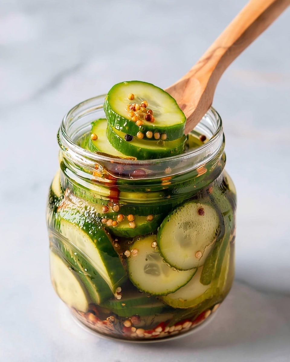 The image shows a small clear glass jar filled with thinly sliced cucumber pickles. The pickles have three visible layers of thick, round, green edges and pale green centers. The jar is filled with clear brine mixed with spices, such as mustard seeds and peppercorns, which settle at the bottom and float throughout the liquid. A wooden fork with a light brown texture is holding two slices of cucumber at the jar's opening. The jar is placed on a white marbled surface with a blurred background. Photo taken with an iphone --ar 4:5 --v 7
