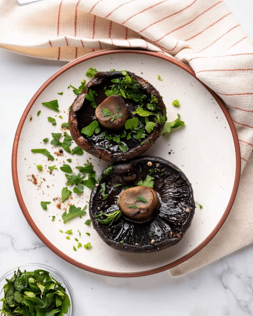 Two large dark brown grilled mushrooms sit on a white plate with a brown rim, each mushroom topped with a small mushroom stem and sprinkled with chopped fresh green herbs. Some herbs are scattered loosely around the mushrooms on the plate. The plate rests on a white marbled surface with a white cloth with thin red stripes partially visible above. A small glass bowl filled with green chopped herbs is partially visible at the bottom left corner. Photo taken with an iphone --ar 4:5 --v 7