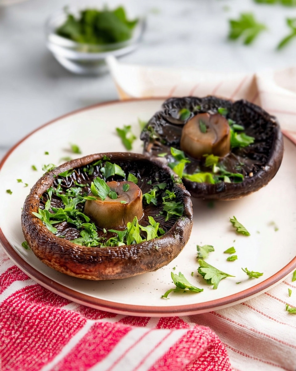 Two large grilled mushrooms sit on a white plate with a thin red rim, each mushroom showing a rich dark brown, almost black, color on the top layer with a rough texture, and the stems are a lighter brown in the center. Fresh green chopped herbs are sprinkled on top of and around the mushrooms, adding a bright contrast. The plate rests on a white marbled surface with a soft red and white striped cloth nearby, and a blurred small bowl of more green herbs is visible in the background. photo taken with an iphone --ar 4:5 --v 7