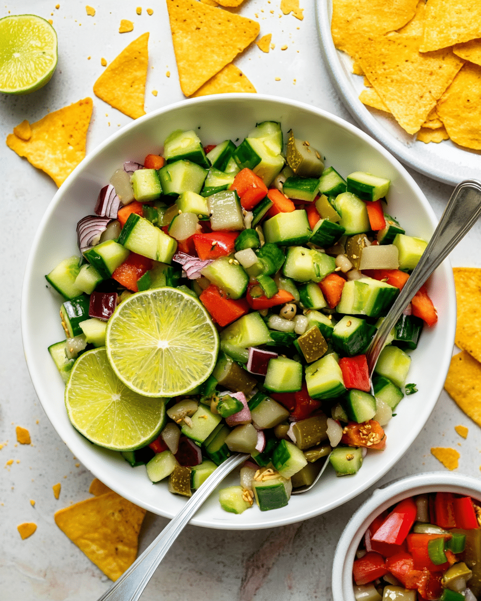 The image shows a white bowl filled with a fresh salad made of diced cucumbers, red bell peppers, chopped red onions, and small pieces of pickles, all mixed together with two lime wedges placed on top. The salad is colorful with green, red, and purple hues, and a silver spoon is resting inside the bowl. Around the bowl, there are yellow corn tortilla chips scattered on a white marbled surface, with one half lime to the left and a white plate filled with more tortilla chips on the right side of the image. A small white bowl also containing some salad pieces is visible in the lower right corner. Photo taken with an iphone --ar 4:5 --v 7