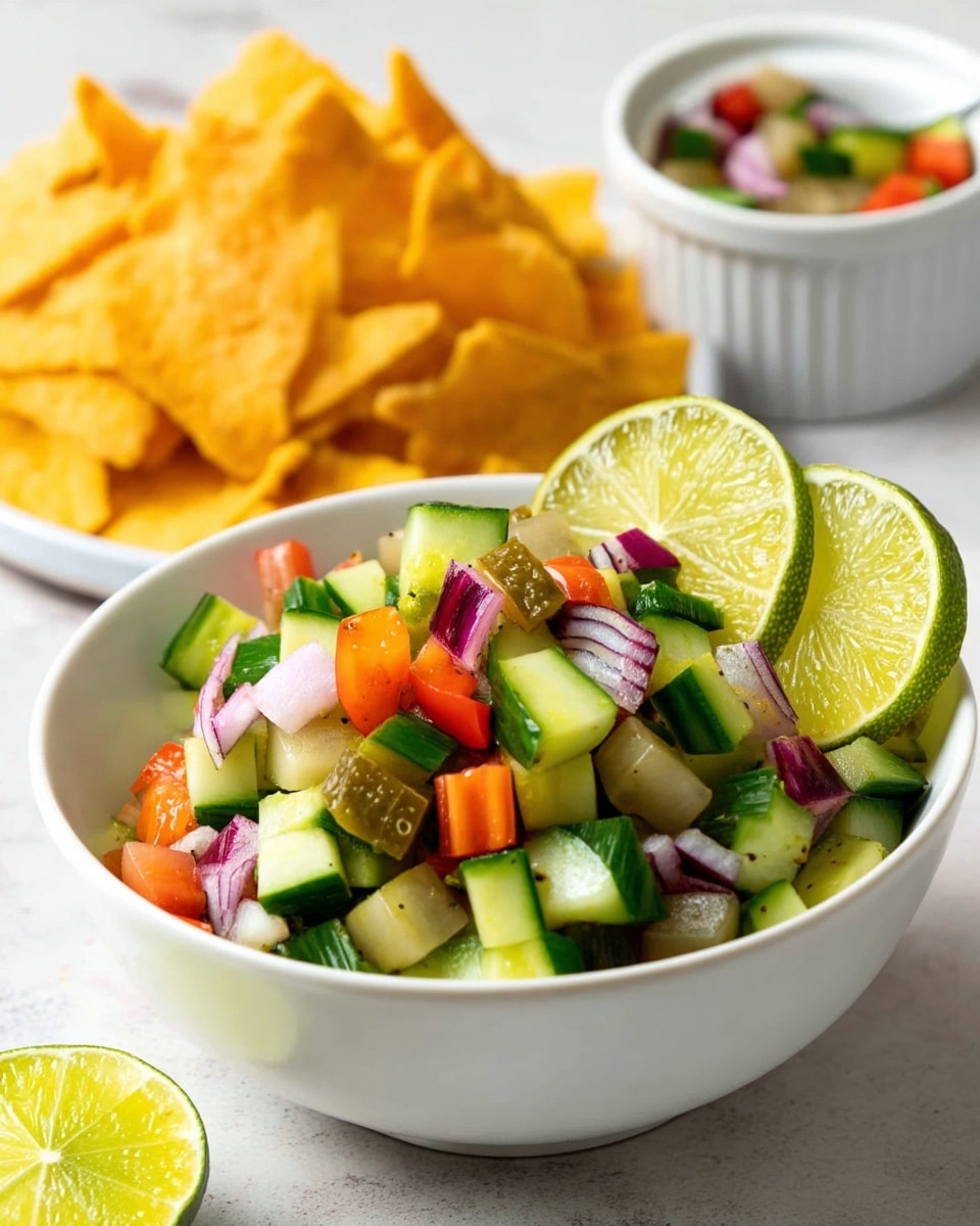 A close-up view of a fresh, colorful salad in a white bowl, showing two main layers: a base of chopped green cucumber and pickles mixed with red onion and bright orange bell pepper pieces, topped with two lime wedges on the side for a fresh touch. Behind the bowl is a white plate holding light orange tortilla chips arranged loosely, and a small white ramekin filled with more of the same mixed salad. The whole scene is set on a white marbled surface with a few tortilla chip crumbs scattered around. photo taken with an iphone --ar 4:5 --v 7