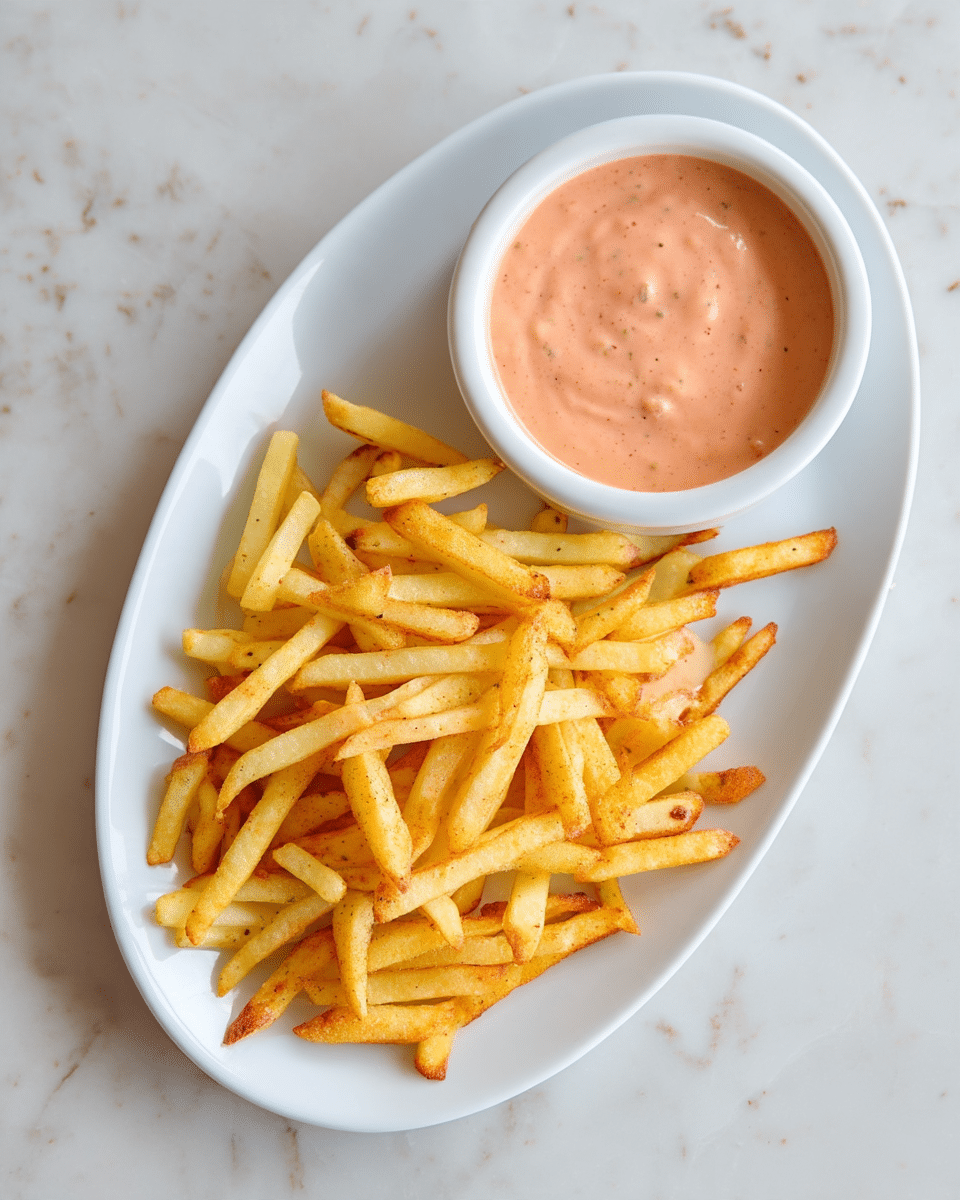 A white oval plate with thin golden fries spread all over the bottom half, showing slight browning on some edges, sits on a white marbled surface. At the top of the plate, a white round bowl filled with smooth, creamy pinkish-orange sauce with tiny visible specks and a few small solid bits floats slightly above the fries. To the side on the same surface, another smaller white bowl holds more of the same sauce, creating a simple, clean presentation. Photo taken with an iphone --ar 4:5 --v 7