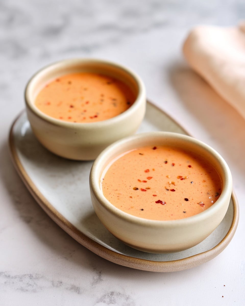 Two small round beige bowls filled with a smooth light orange sauce with small red and black specks are placed on a white marbled surface. One bowl is slightly stacked on a matching beige plate, showing the creamy texture of the sauce inside both bowls. The background is softly blurred with a hint of a light beige cloth. Photo taken with an iphone --ar 4:5 --v 7