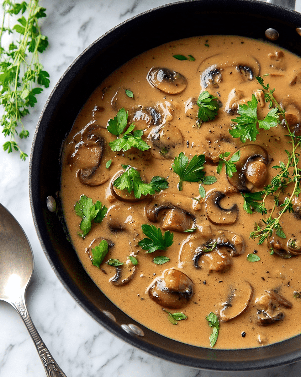 A close-up top view of a creamy mushroom sauce in a black pan, filled with light brown smooth sauce as the base layer, and evenly scattered with sliced brown mushrooms showcasing their curved edges and texture. Bright green parsley leaves and small herb leaves top the sauce, adding fresh color contrast with their vibrant green hues. The pan rests on a white marbled surface, showing part of a silver serving spoon at the bottom left corner. photo taken with an iphone --ar 4:5 --v 7