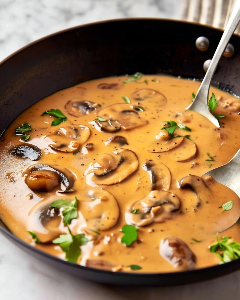 A close-up view of a creamy mushroom sauce cooking in a dark skillet, showing several thin, brown mushroom slices floating in a thick, smooth, light brown sauce. Small green parsley leaves are scattered on top for garnish, adding a fresh touch of color. The sauce looks rich and shiny with a few visible pepper specks, and a metal spoon is partially dipped in the sauce on the right side. The background is a white marbled texture. Photo taken with an iphone --ar 4:5 --v 7