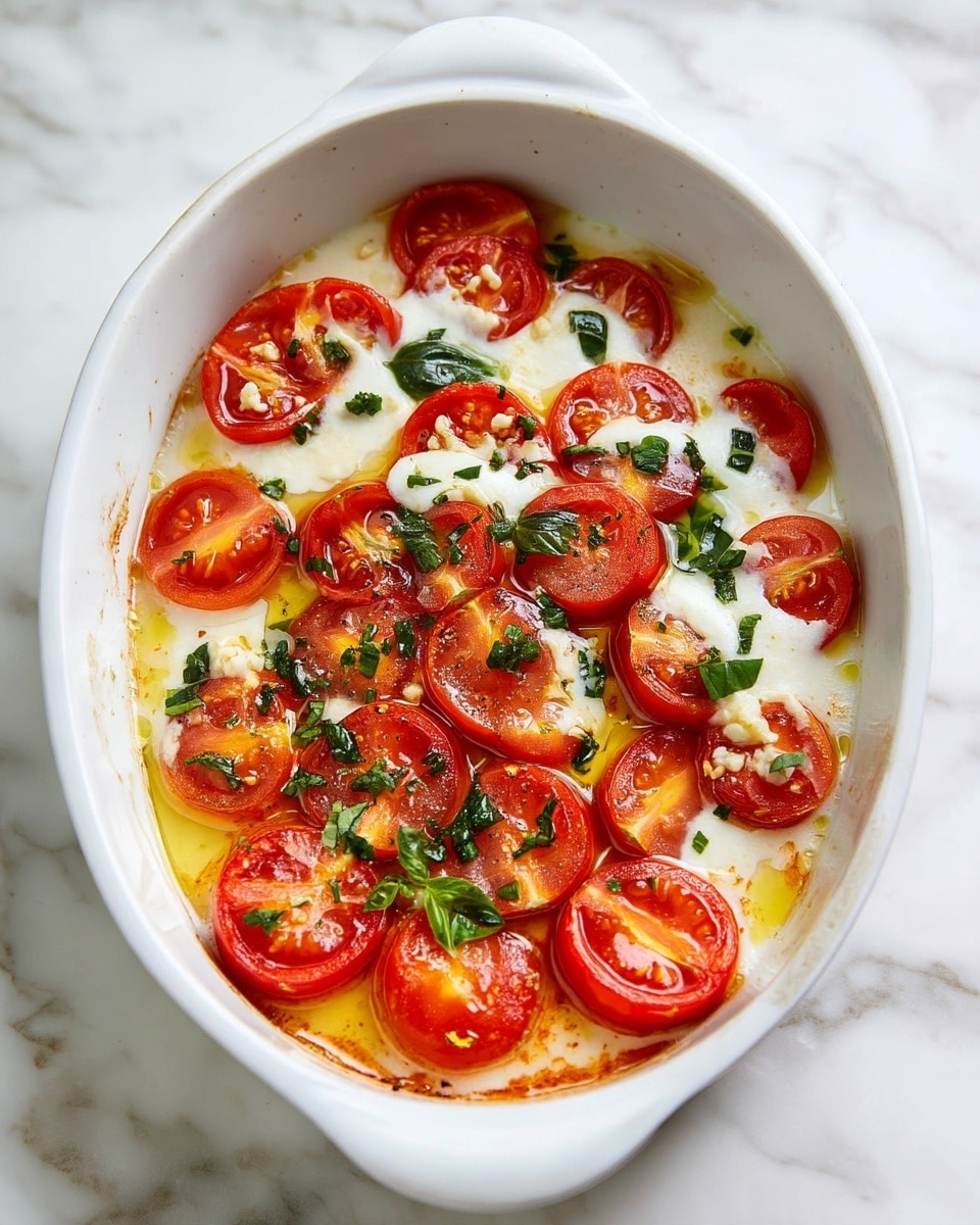 A white dish holds a baked mix of halved red tomatoes arranged tightly in two layers, with the top layer showing glossy, melted white cheese that looks soft and creamy, partially covering the tomato halves. Scattered over the top are small green basil pieces adding contrast, and a light drizzle of golden olive oil shines around the edges. The dish sits on a white marbled surface. photo taken with an iphone --ar 4:5 --v 7
