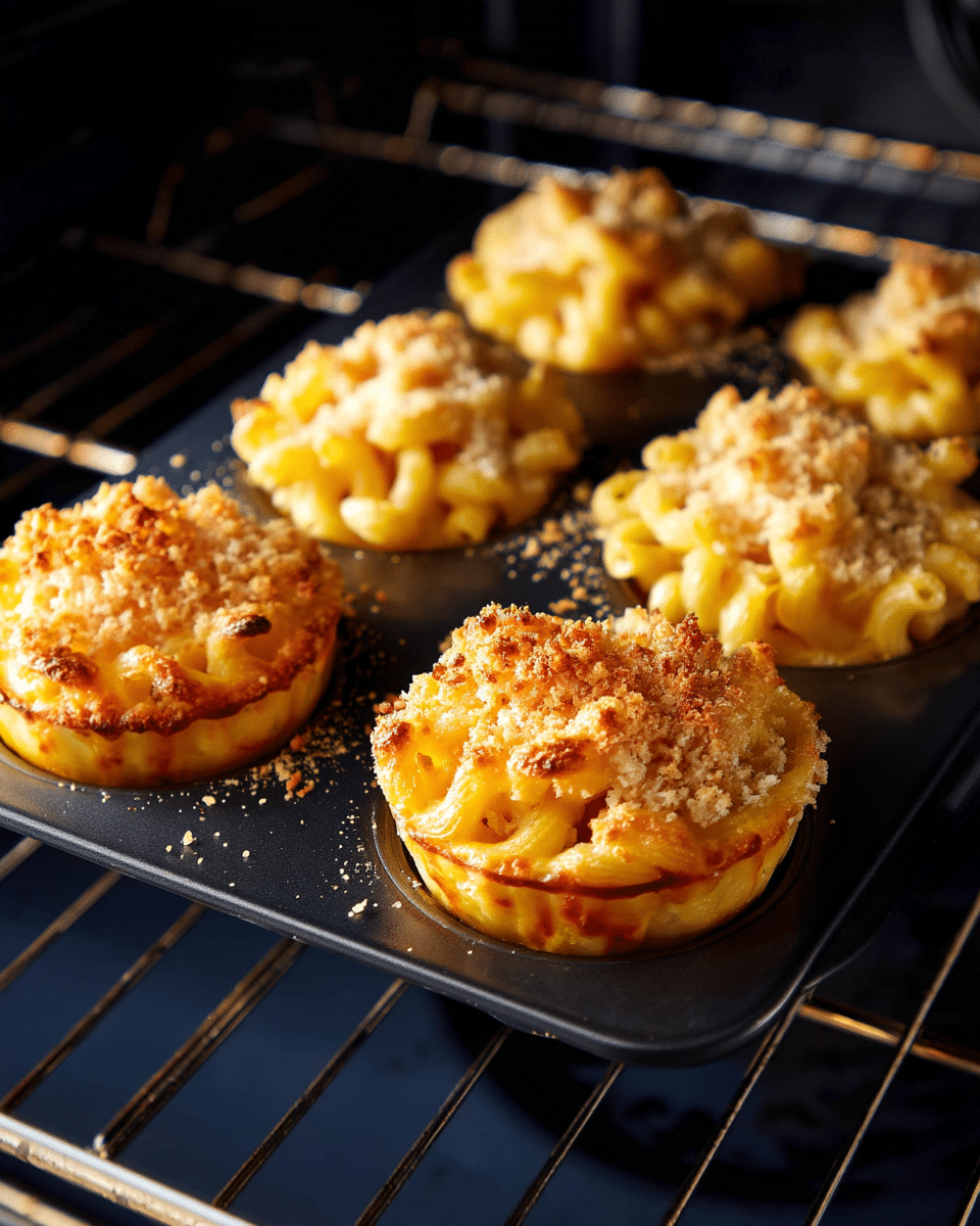 Five small nests of baked macaroni and cheese sit on a dark baking tray inside an oven, each nest made of creamy yellow macaroni with a slightly browned, puffy layer of melted cheese on top. A layer of golden, crispy breadcrumbs covers each nest, giving a crunchy texture. The background is a dark oven interior with metal racks below the tray. Photo taken with an iphone --ar 4:5 --v 7
