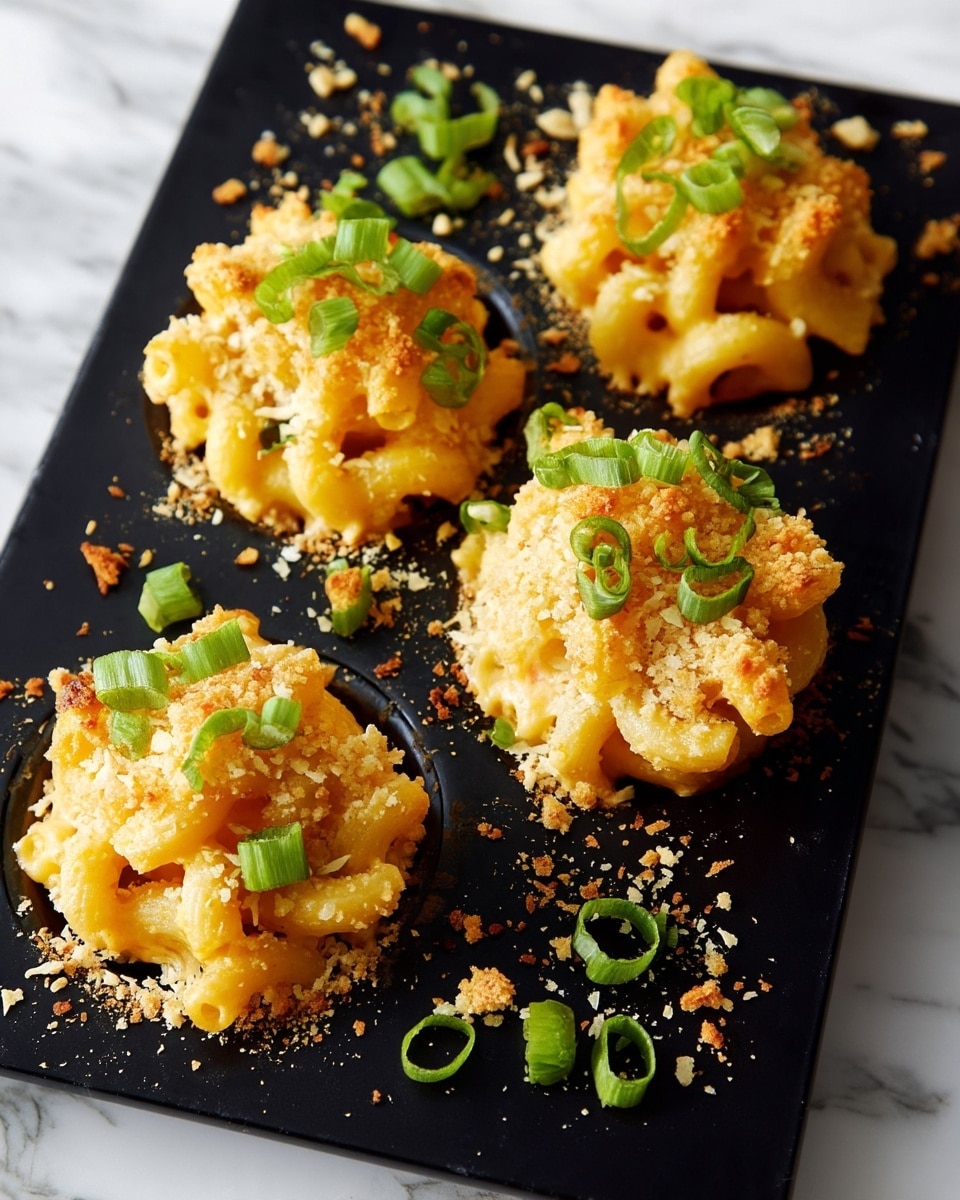 The image shows four small piles of golden-brown baked macaroni and cheese on a black tray, each pile made of curly pasta covered with a crispy layer of toasted breadcrumbs on top. Bright green chopped scallions add a fresh contrast, sprinkled on each macaroni pile and a few falling around on the tray. The black tray with the pasta sits on a white marbled surface, with some small breadcrumb bits scattered around for a rustic, casual feel. photo taken with an iphone --ar 4:5 --v 7
