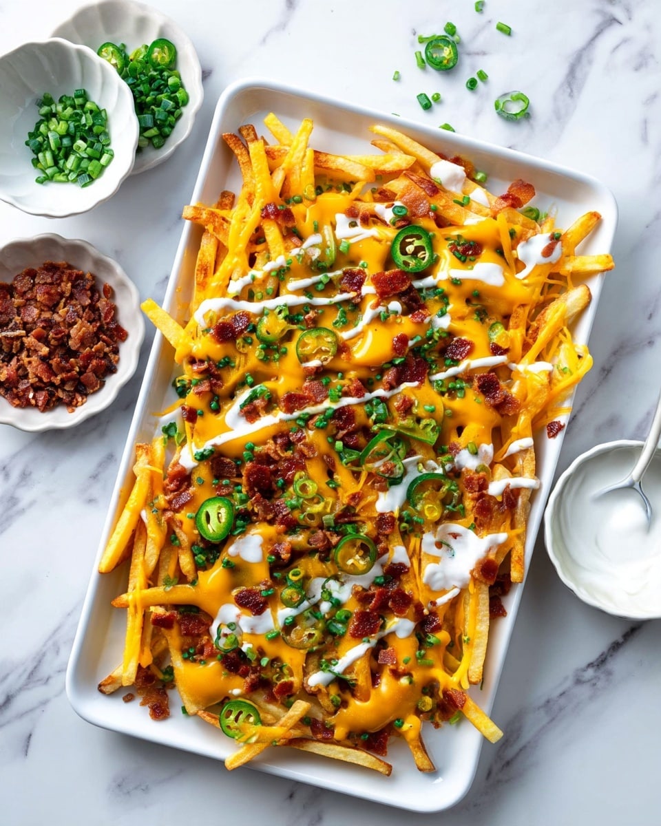 A tray of crispy golden French fries forms the first layer, topped with melted bright orange cheddar cheese spread evenly over the fries. Scattered over the cheese are small pieces of crispy bacon and sliced green jalapenos, adding texture and vibrant color. Chopped green onions are sprinkled on top, along with thin streams of white sour cream drizzled across the fries. The tray is placed on a white marbled surface, surrounded by small white bowls containing extra bacon bits, green onions, and a dollop of sour cream with a white spoon. photo taken with an iphone --ar 4:5 --v 7