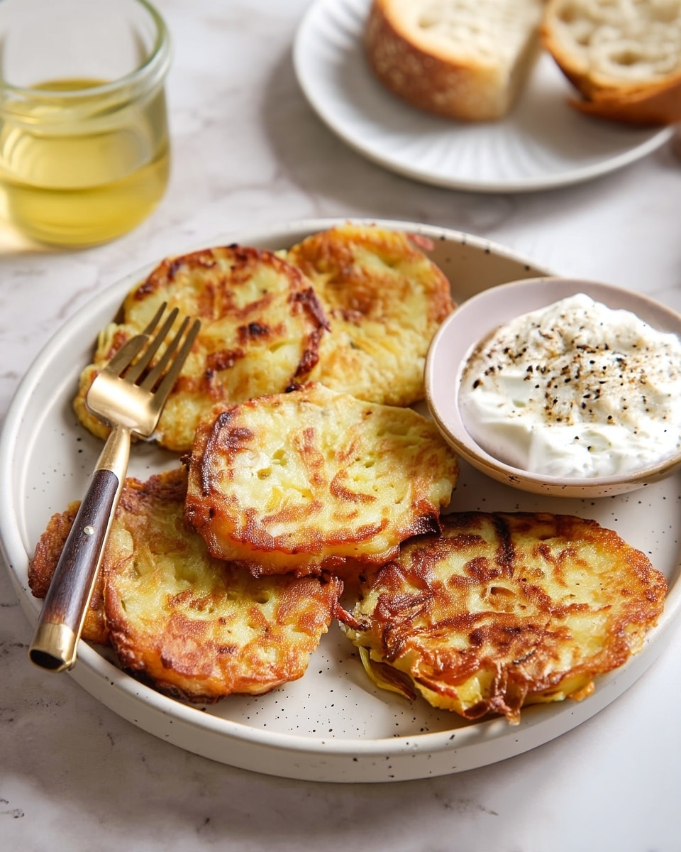 A white speckled plate holds six golden-brown, round potato pancakes with crispy edges and a slightly uneven surface, stacked closely with some overlapping. Next to the pancakes on the right side is a small white bowl filled with creamy white sour cream topped with a sprinkle of black pepper. A gold and dark brown fork rests on top of one potato pancake near the middle left of the plate. The background shows a glass of light yellow liquid and a piece of bread on a white plate, all set on a white marbled surface. photo taken with an iphone --ar 4:5 --v 7