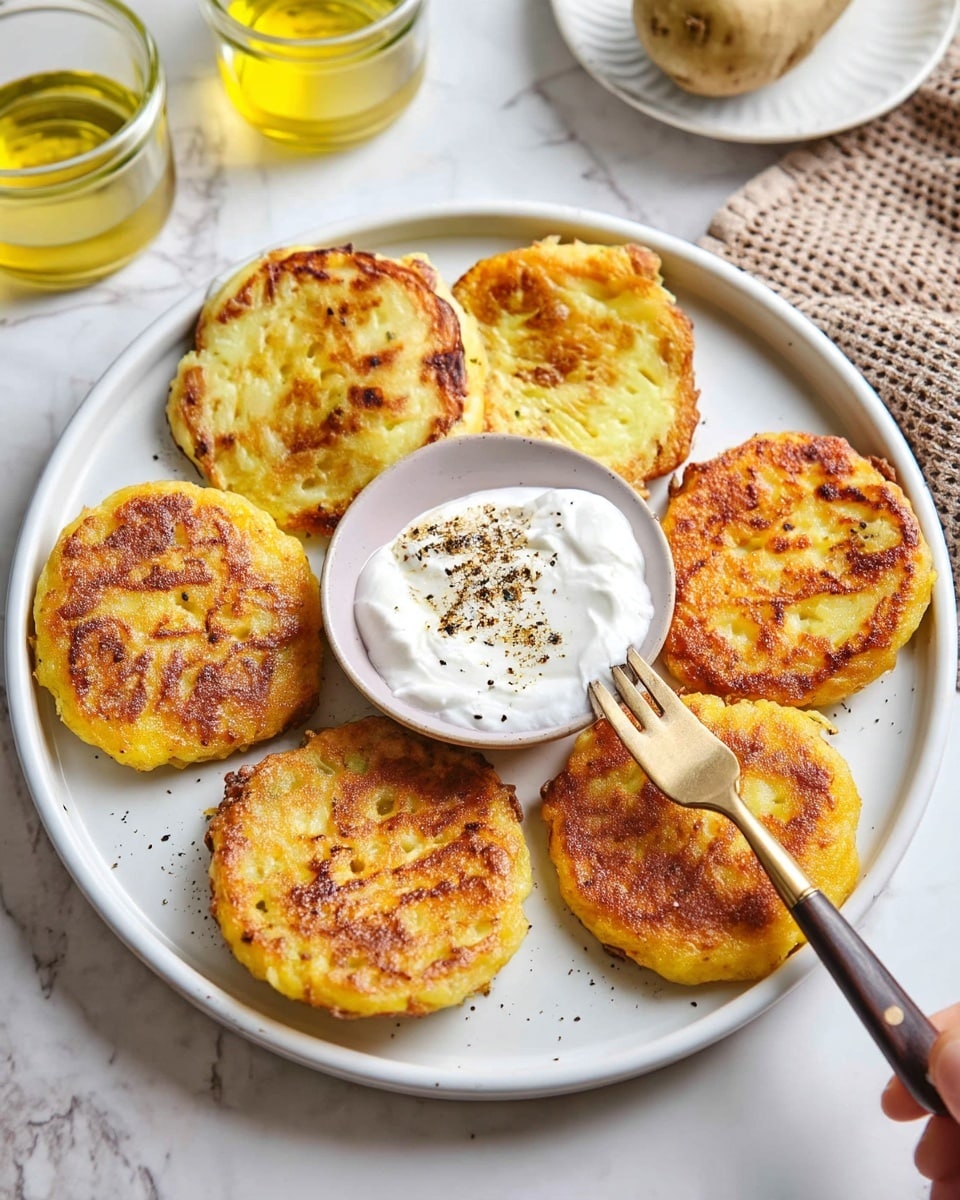 A white plate sits on a white marbled surface. On it, there are six golden-brown potato pancakes, slightly crisp and round, arranged in a circle. In the center of the plate, a small white bowl holds a creamy white dip sprinkled with black pepper. A fork with a dark wood handle rests on one of the pancakes. In the background, a glass of oil, a potato on a white plate, a yellow onion, and a brown textured cloth can be seen. Photo taken with an iphone --ar 4:5 --v 7