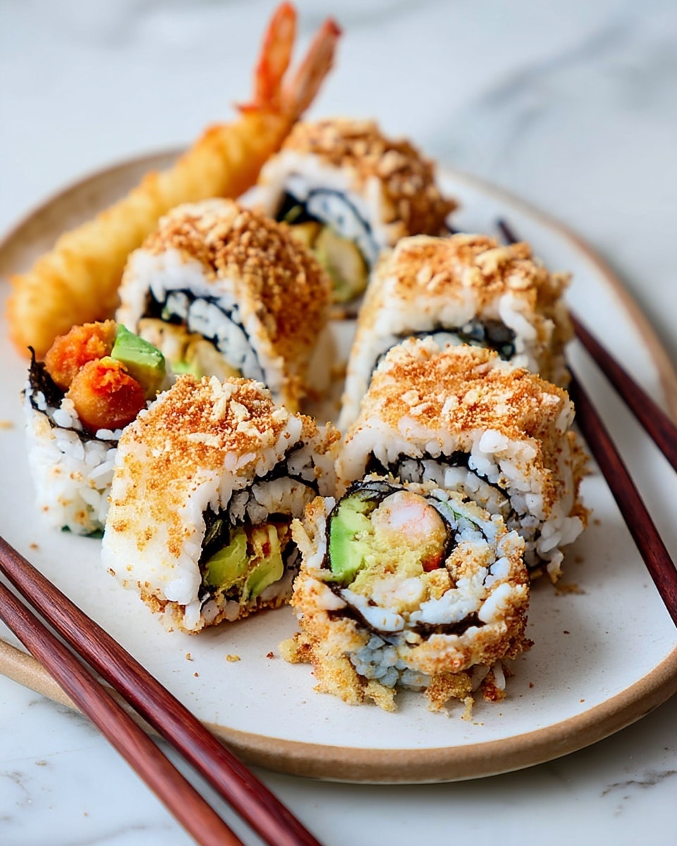 The image shows several pieces of sushi placed on a white plate with a beige border, set on a white marbled surface. Each sushi roll has an outer layer of white rice sprinkled with golden-brown crunchy crumbs. Inside, there are visible layers of black seaweed, green avocado, and light pink shrimp or tempura bits. Some rolls have a topping of orange tempura shrimp and avocado on top. A pair of wooden chopsticks rests on the right side of the plate, and a fried tempura shrimp tail is also visible on the left side of the plate. Photo taken with an iphone --ar 4:5 --v 7