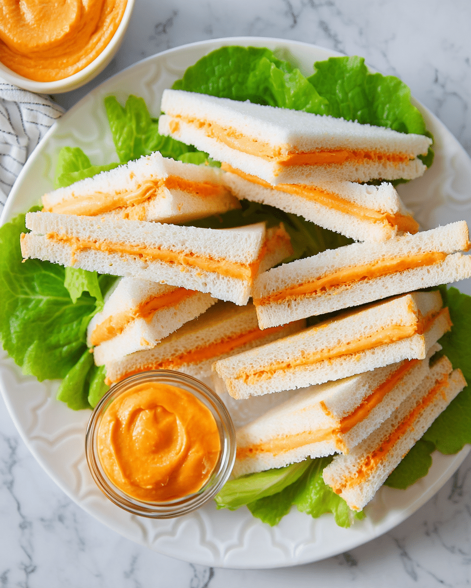 A white plate holds several small triangular sandwiches made of soft white bread with the crusts removed. Each sandwich is filled with a smooth, orange spread, visible evenly layered between the bread slices. The sandwiches are arranged in a casual pile over some green leaf lettuce, adding a fresh contrast in color. The plate sits on a white marbled surface with a small bowl of orange spread nearby. Photo taken with an iphone --ar 4:5 --v 7