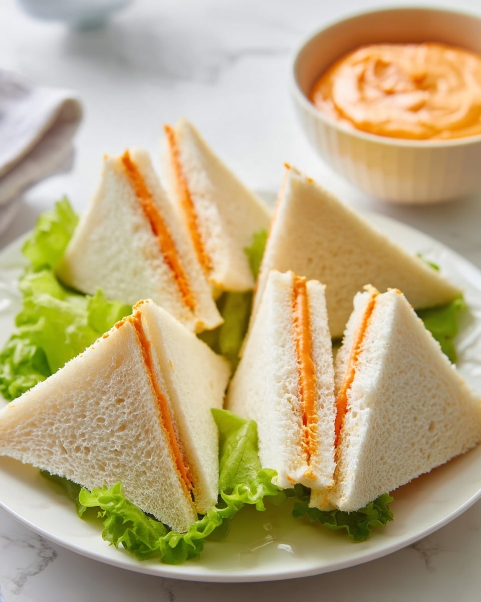 The image shows several triangular white bread sandwiches with a smooth orange filling inside each, arranged on a white plate with a few green leafy lettuce pieces between the sandwiches. Behind the plate, there is a white bowl filled with a thick, creamy orange spread. The background is a white marbled surface. photo taken with an iphone --ar 4:5 --v 7