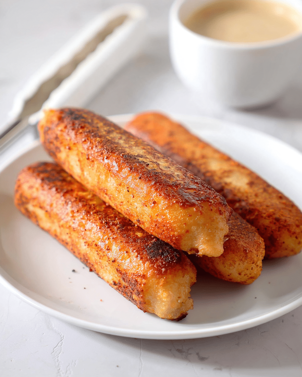Three long, golden-brown fried sticks with a crispy, slightly rough texture lie on a white plate. The sticks have areas of darker browning from frying, giving them a crunchy appearance. Behind the plate, white tongs rest on a white marbled surface, and in the lower right corner, there is a blurred white bowl with a beige creamy sauce inside. The overall colors are warm and neutral, with the sticks as the main focus. photo taken with an iphone --ar 4:5 --v 7