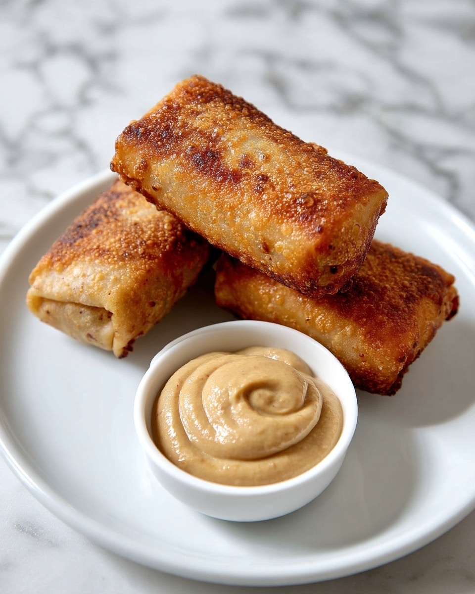Three golden brown, crispy fried rolls with slightly uneven, toasted surfaces are stacked on a white plate, showing a mix of light and dark brown spots from frying. Below the plate, there is a small white bowl filled with a thick swirl of smooth, creamy beige mustard. The whole arrangement is set on a white marbled surface. photo taken with an iphone --ar 4:5 --v 7