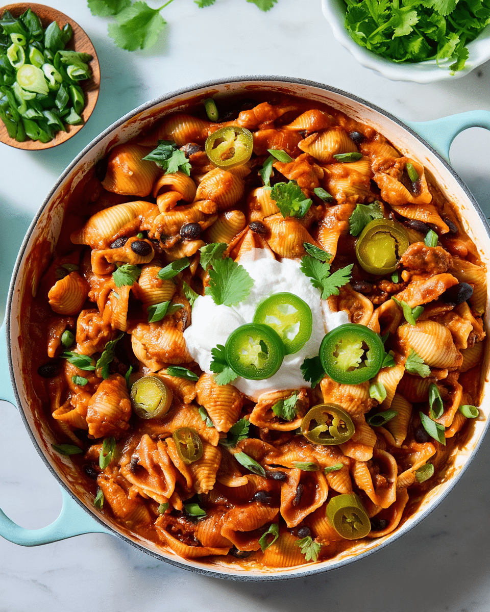 A close-up view of a white dish filled with large pasta shells covered in a red sauce mixed with ground meat and black beans. On top, there is a dollop of white sour cream with sliced green jalapeños placed on it and around. The dish is also garnished with bright green chopped scallions and fresh cilantro leaves, scattered evenly over the pasta. The white dish has light blue handles and is set on a white marbled surface. In the background, there is a blurred small white bowl with more green scallions. Photo taken with an iphone --ar 4:5 --v 7