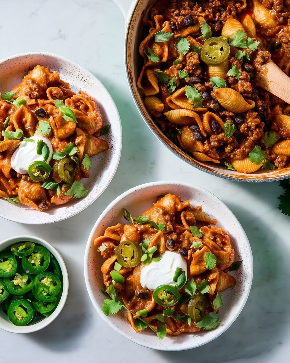 The image shows two white bowls filled with cooked shell pasta coated in a thick, reddish-brown sauce with visible bits of ground meat and black beans. Each bowl has a dollop of white sour cream on top, with green sliced jalapeños, chopped green onions, and fresh cilantro leaves scattered over the dish, adding color contrast. To the right, a white pot holds more of the same pasta dish, with a wooden spoon stirring the contents, and the top layer also garnished with sour cream, jalapeños, and herbs. A small white bowl filled with sliced green jalapeños sits on the white marbled surface near the bowls. photo taken with an iphone --ar 4:5 --v 7