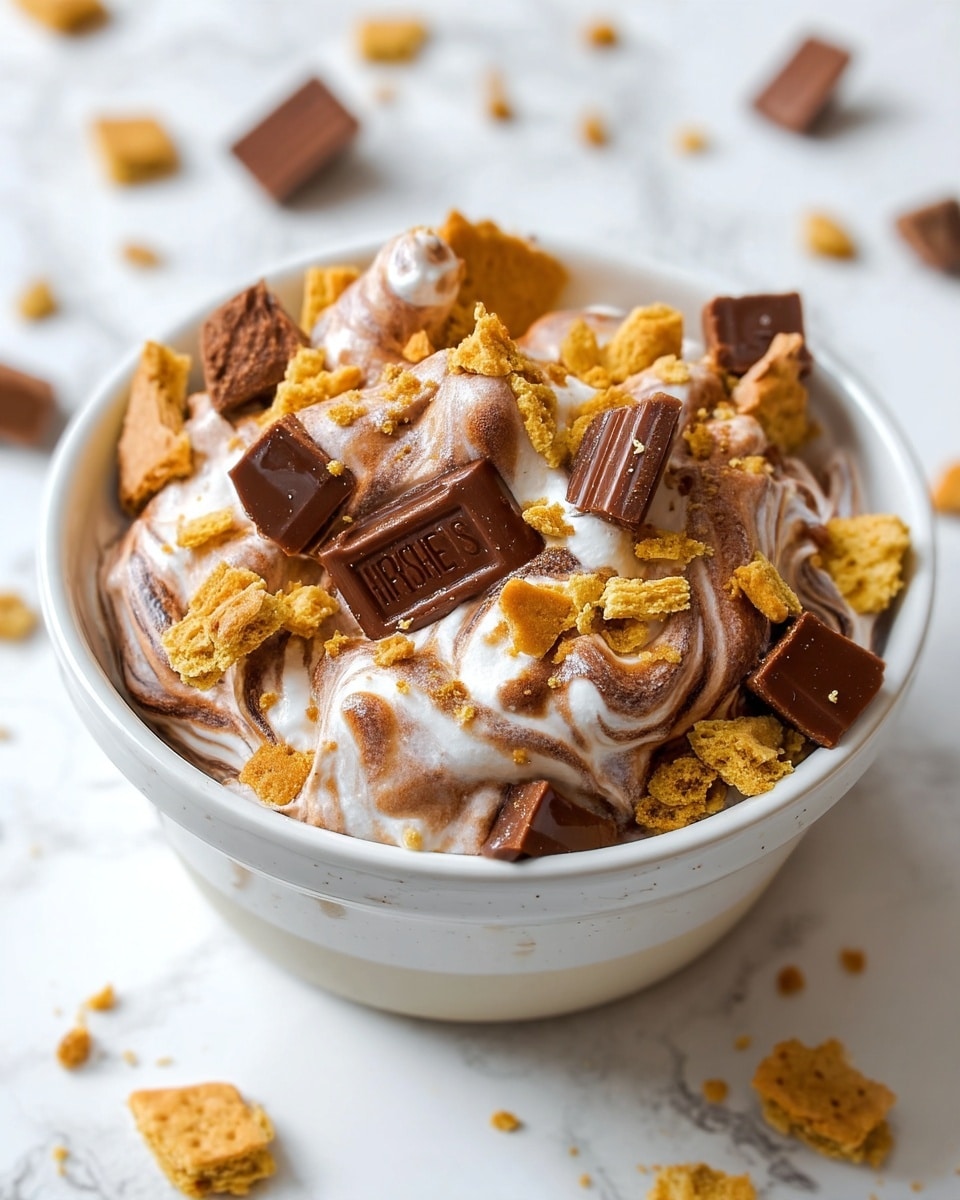 A white bowl filled with a mix of creamy swirled marshmallow and chocolate layers, topped with broken golden graham cracker pieces and chunks of Hershey's milk chocolate, adding a textured and rich look. The swirled mixture has a soft, fluffy texture in light brown and white shades, with the crunchy graham cracker pieces and smooth chocolate squares scattered on top and throughout. The bowl sits on a white marbled surface, and the dessert looks rich and inviting, showing a balanced mix of creamy, crunchy, and chocolatey elements. photo taken with an iphone --ar 4:5 --v 7
