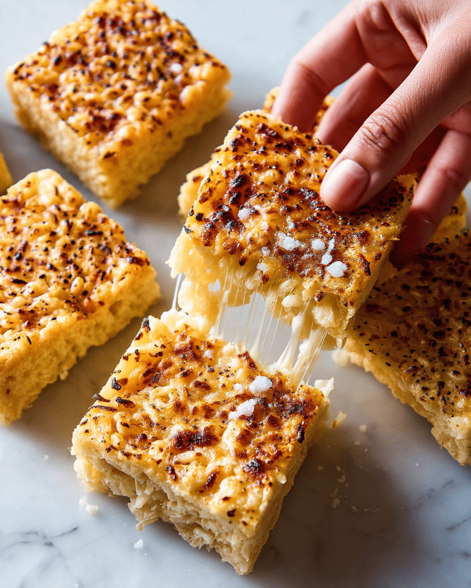 Several square pieces of a toasted light golden-brown crispy treat with darker brown spots on top and a slightly puffed texture are arranged on a white marbled surface. The treat appears to have one main layer made from a puffed, crispy rice-like base. One piece is being pulled apart by a woman's hand, showing gooey, stretchy melted cheese inside, adding a creamy and slightly shiny white contrast with stringy texture. Some coarse salt crystals are sprinkled on top, adding small white specks on the surface. The lighting is bright and natural, highlighting the crispy texture and melted cheese details. Photo taken with an iphone --ar 4:5 --v 7