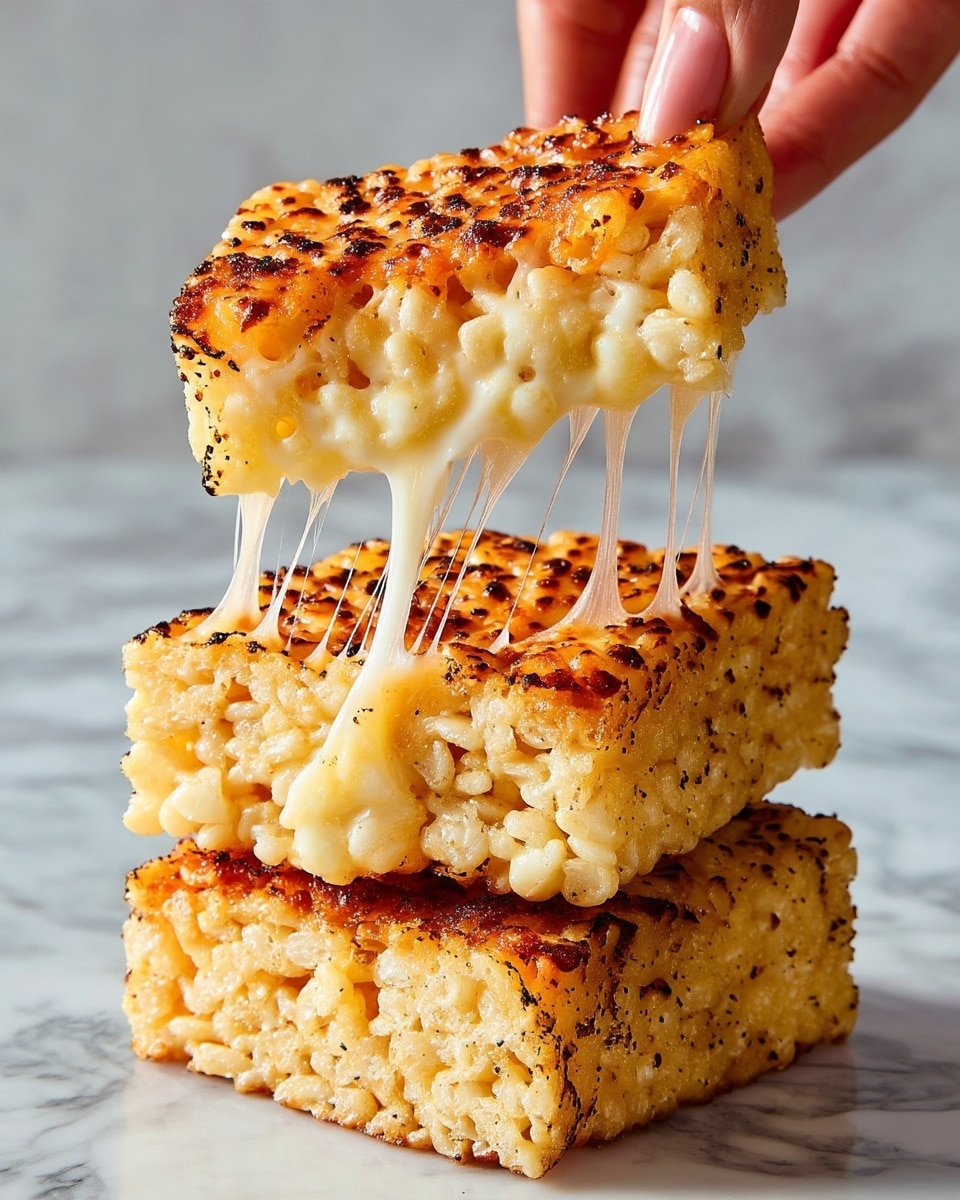 The image shows a stack of three thick, square pieces of crispy, golden-brown rice treats with a toasted surface covered in small brown spots. The middle layer is being lifted by a woman's hand, stretching long, melted cheese strands that connect it to the piece below. The rice pieces have a textured, slightly rough surface with a soft, gooey interior visible where the cheese pulls apart. The background is a white marbled texture that highlights the warm, golden tones of the rice treats. photo taken with an iphone --ar 4:5 --v 7