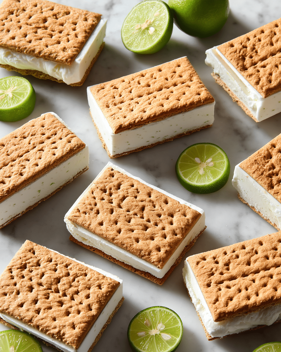 This image shows several ice cream sandwiches placed on a white marbled surface. Each sandwich has two thin rectangular golden brown cookie layers, with a smooth and thick white ice cream layer in the middle. The cookies have a slightly rough and porous texture with small holes arranged evenly. There are also halves of bright green limes scattered around the sandwiches, adding a fresh color contrast. The sandwiches are arranged in a casual overlapping way, filling the frame. Photo taken with an iphone --ar 4:5 --v 7