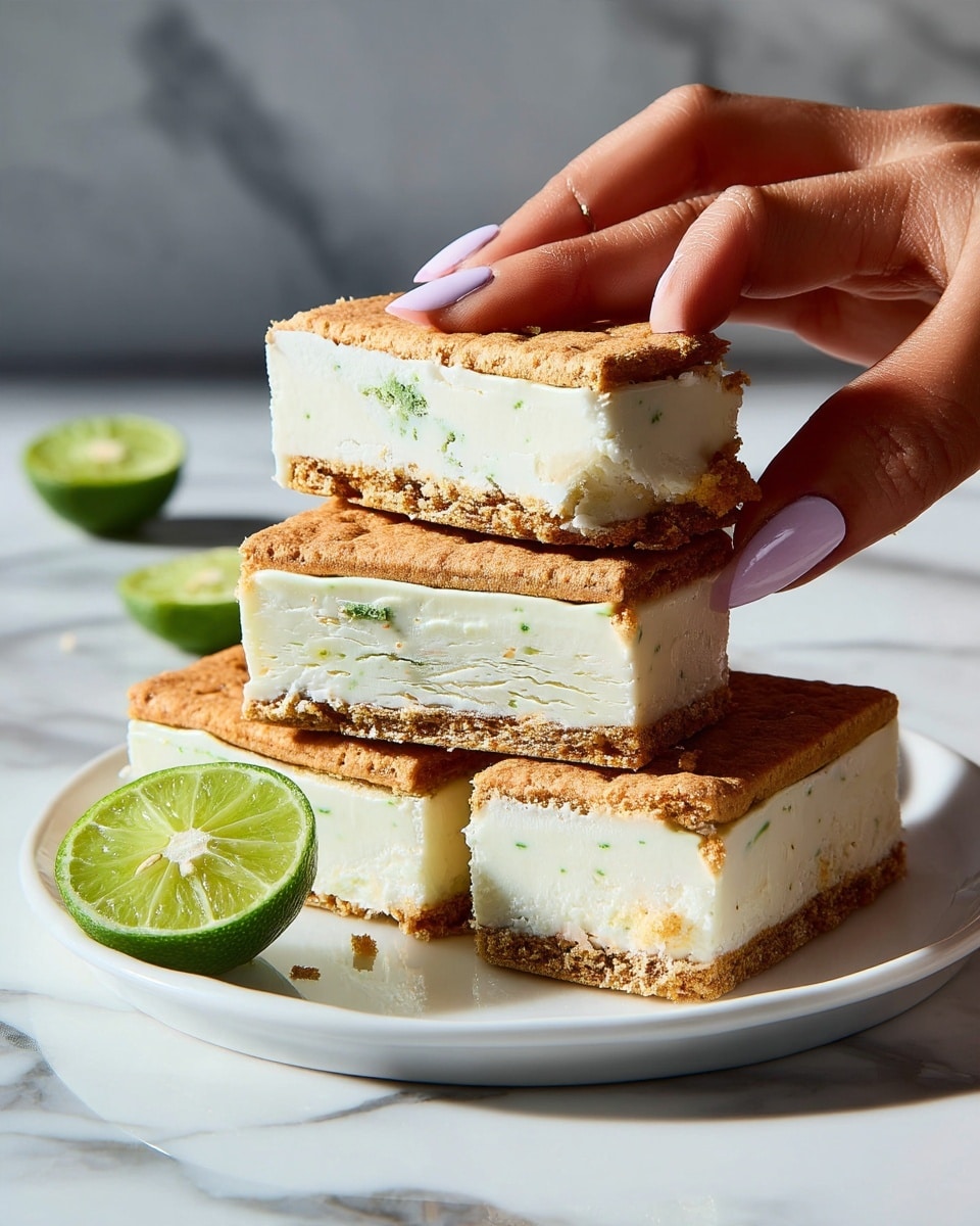 The image shows a stack of ice cream sandwiches arranged on a white plate placed on a white marbled surface. Each sandwich has three layers: a top layer of light brown crispy cookie, a thick middle layer of creamy white ice cream with small green flecks, and a bottom layer of the same light brown cookie. The sandwiches are stacked in three piles with three to four sandwiches each. A woman's hand with light pink nails is holding the top sandwich on the middle stack. In front of the plate, there is a halved green lime placed on the white marbled surface. The lighting highlights the texture of the cookies and the smooth ice cream inside. photo taken with an iphone --ar 4:5 --v 7