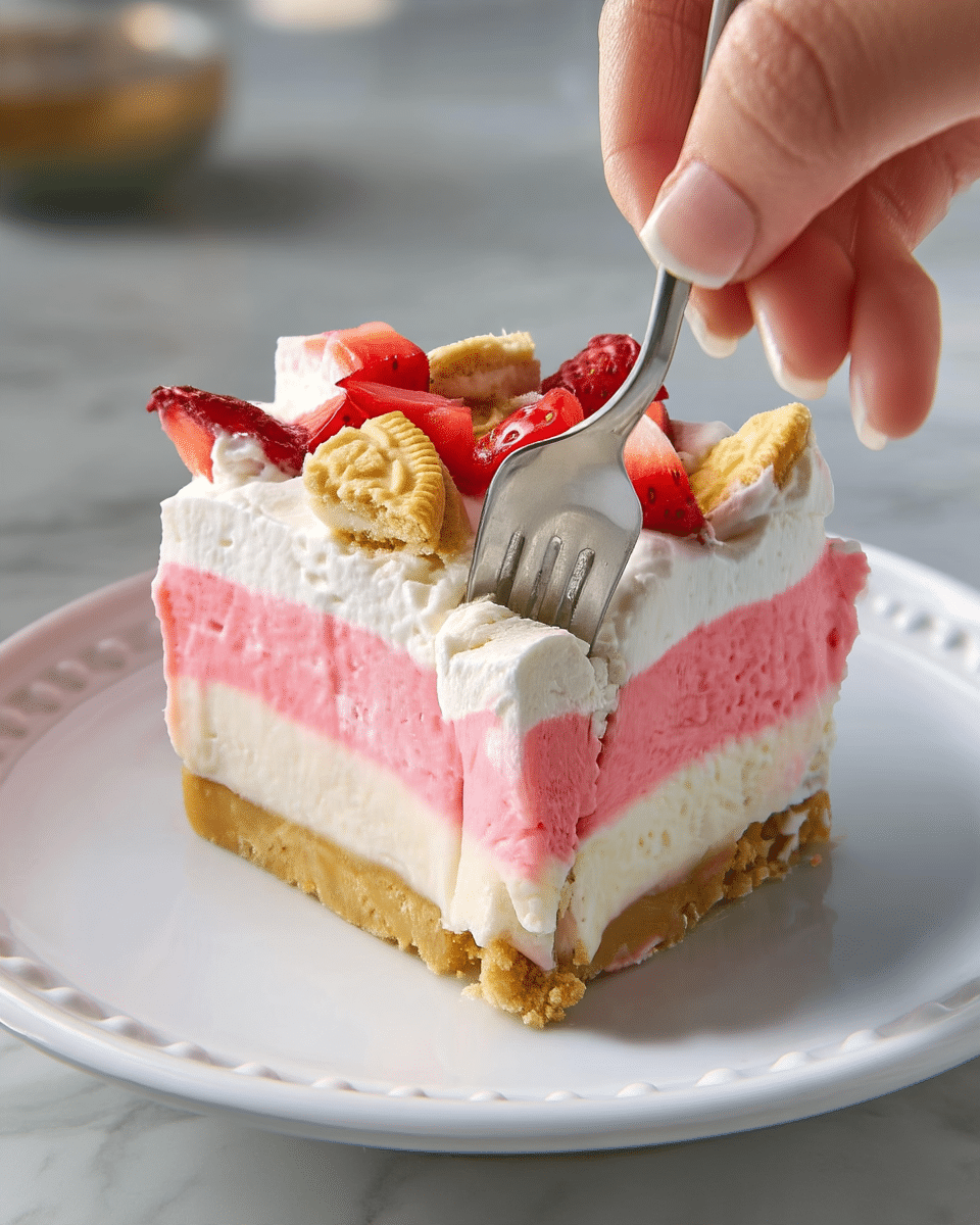 A close-up of a layered strawberry dessert in a clear glass dish, showing four distinct layers: at the bottom, a crumbly beige crust, above it a thick white creamy layer, then a pink creamy layer with a light fluffy texture, and topped with a thick layer of white whipped cream; the surface of the dessert is scattered with bright red and pink strawberry chunks and pieces of light-colored cookies. A white spatula holds a slice, showing the neat layers clearly. The background is a white marbled texture. photo taken with an iphone --ar 4:5 --v 7