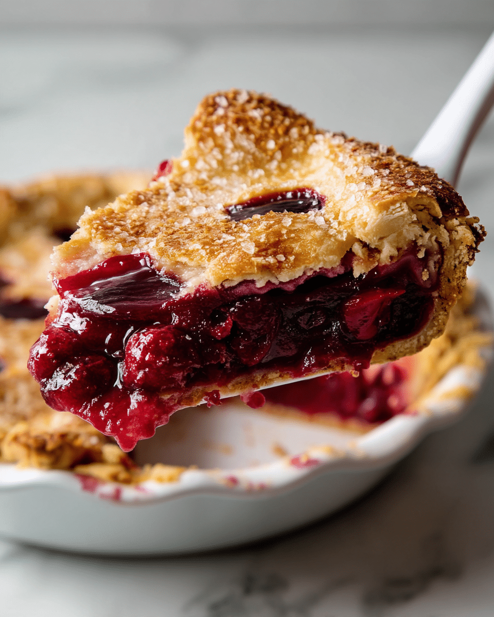 A close-up of a slice of berry pie with three visible layers: the top layer is golden brown crust sprinkled with large sugar crystals, slightly uneven and rustic textured; the middle layer is a thick, deep red, glossy berry filling that looks juicy and slightly chunky; the bottom layer is a light golden crust that looks flaky and crumbly. The slice is held by a white spatula above the white ceramic pie dish containing the rest of the pie, sitting on a surface with a white marbled texture. photo taken with an iphone --ar 4:5 --v 7