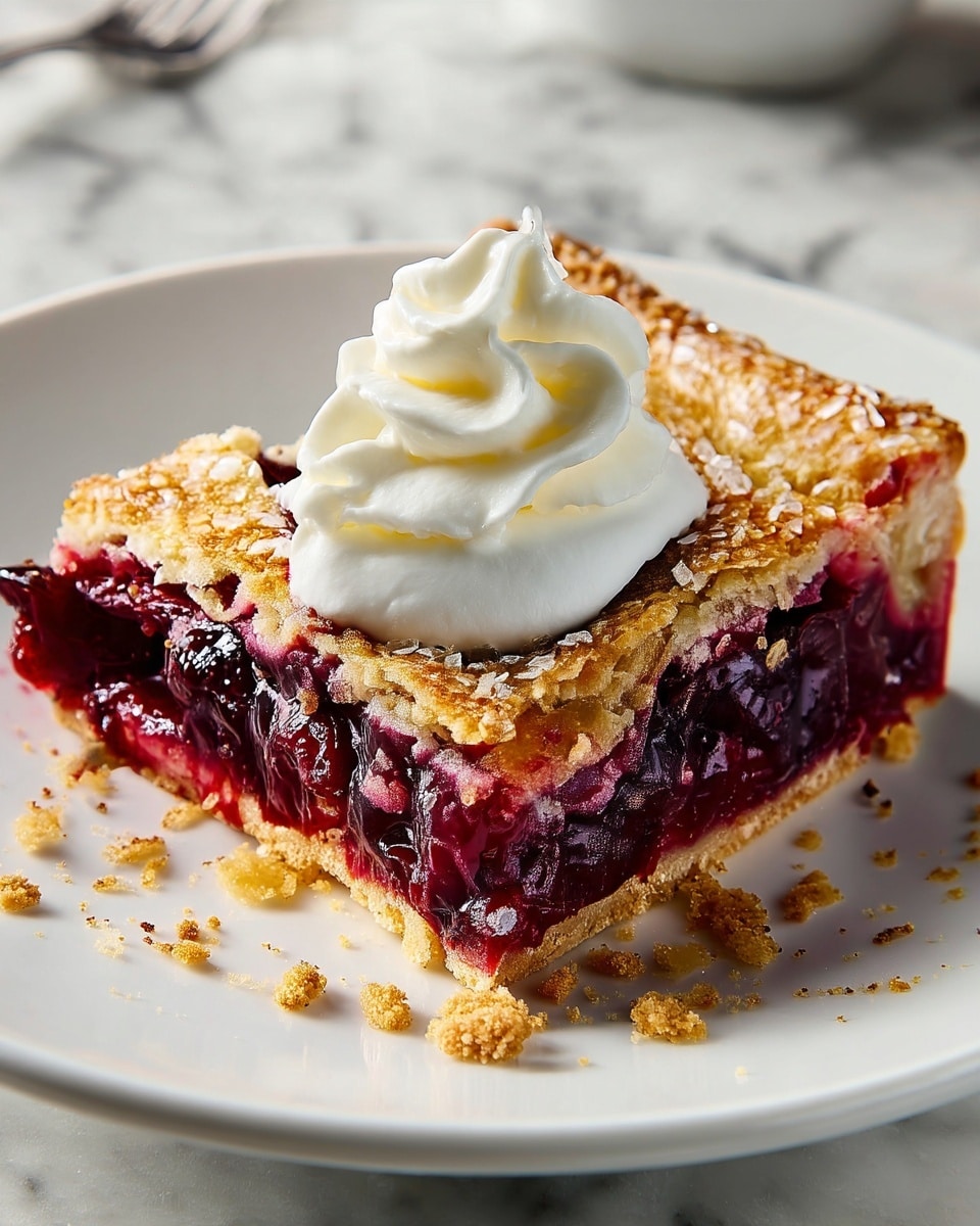A square piece of pie with three distinct layers sits on a white plate on a white marbled surface. The bottom layer is a thick, glossy dark red fruit filling with a chunky texture. Above it is a golden-brown crust layer with large sugar crystals sprinkled on top, adding a crunchy look. At the very top is a dollop of smooth white whipped cream sitting in the center of the pie slice. Some crumb pieces are scattered around the plate, enhancing the rustic feel. Photo taken with an iphone --ar 4:5 --v 7