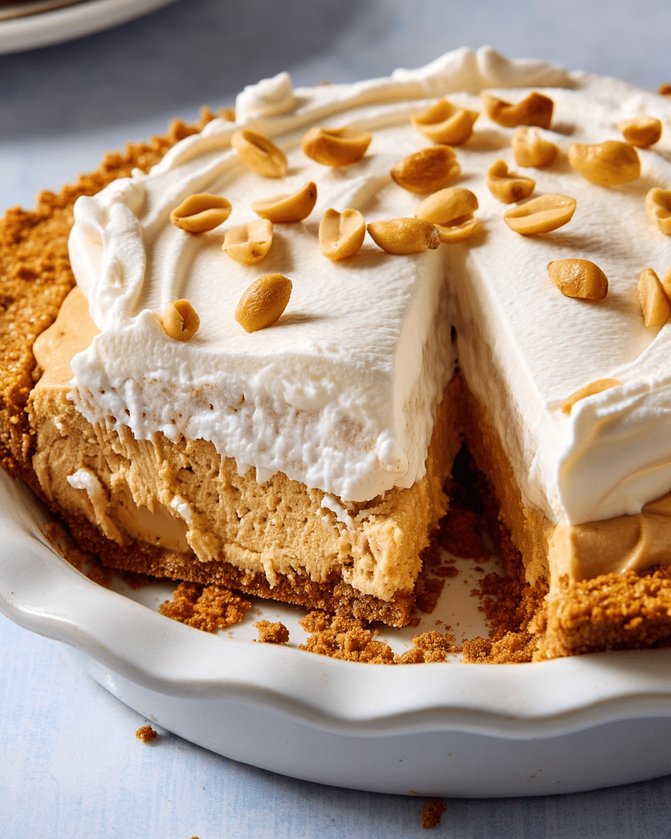 A close-up view of a peanut butter pie showing three distinct layers: a crumbly brown cookie crust at the very bottom, a thick and creamy peanut butter filling in light brown in the middle, and a fluffy white whipped cream layer on top. The whipped cream is decorated with scattered whole peanuts. A slice is being lifted from the white marbled surface in a white pie dish with a scalloped edge, revealing the smooth texture of each layer and the crumbly cookie crust detail around the edges. Photo taken with an iphone --ar 4:5 --v 7