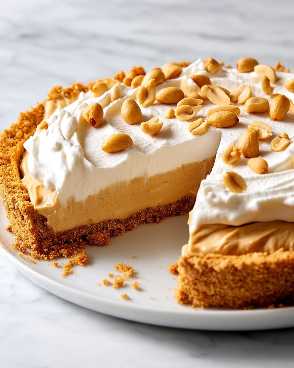 A close-up of a pie with three visible layers on a white plate: the bottom layer is a golden brown crumbly crust, the middle layer is a smooth and creamy light brown peanut butter filling, and the top layer is a thick swirl of white whipped cream scattered with whole light brown peanuts; a single slice is cut and slightly pulled out to the right, showing the layers clearly against a white marbled surface background. Photo taken with an iphone --ar 4:5 --v 7