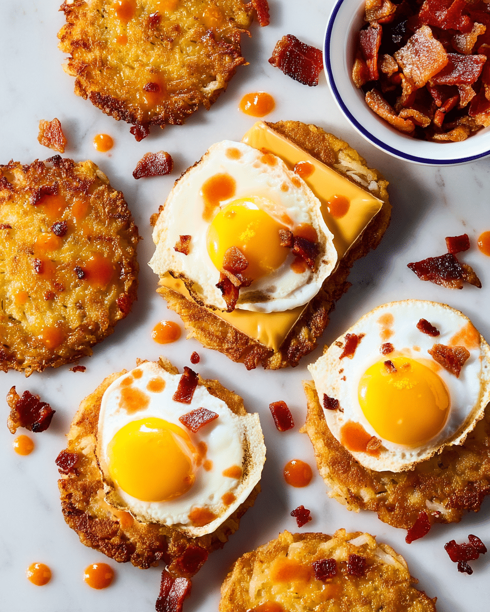 Several crispy hash brown rounds form the base layer, each topped with a square of smooth, bright yellow melted cheese. On top of the cheese, there are sunny side up eggs with bright, glossy yellow yolks and white, slightly crispy edges. Scattered over the eggs and the surrounding area are small pieces of crispy, reddish-brown bacon bits and drops of orange hot sauce adding a splash of color. The whole scene is set on a white marbled surface with a bowl to the side holding more bacon pieces. photo taken with an iphone --ar 4:5 --v 7
