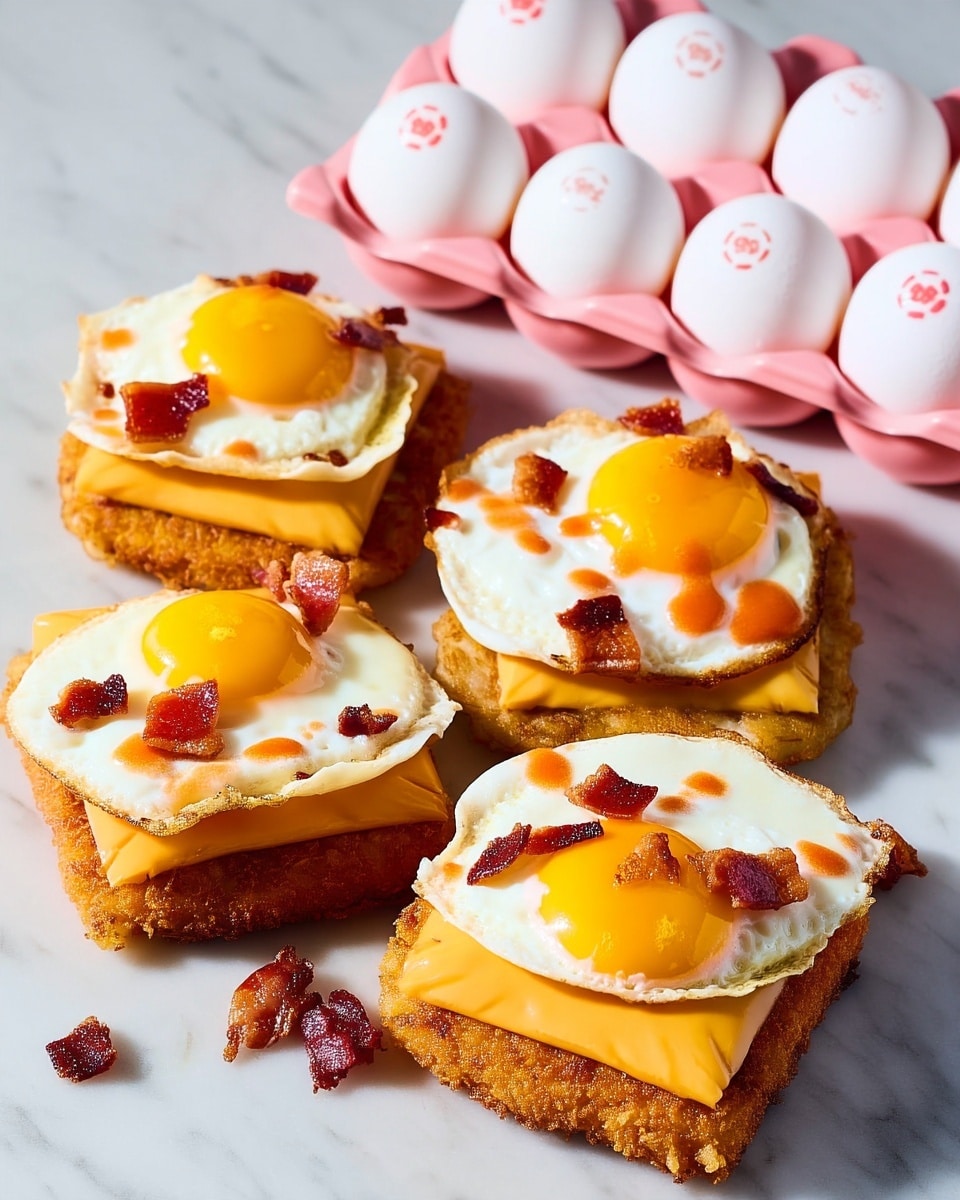 The image shows four breakfast stacks on a white marbled surface, each with three layers: a golden-brown crispy hash brown base, a square slice of melted orange cheddar cheese in the middle, and a sunny-side-up fried egg on top with a bright yellow yolk and white edges. Small pieces of crispy reddish-brown bacon are scattered on the eggs and surface, with some reddish-orange sauce drizzled lightly over each stack. To the right, there is a pink egg carton holding six white eggs, each with a red stamp printed on top. photo taken with an iphone --ar 4:5 --v 7