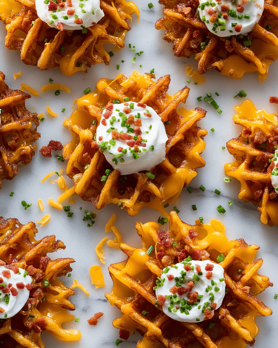 The image shows several crispy waffle fries that have a golden-brown color and a texture with a grid pattern on each fry. Each fry is topped with melted orange cheddar cheese that drips slightly down the sides. On top of the cheese, there is a dollop of smooth white sour cream in the center of each fry. Small red bacon bits and finely chopped green chives are sprinkled over the sour cream and cheese, adding bright pops of color. The fries are laid out on a white marbled surface, with some cheddar cheese and herb pieces scattered around for a natural look. Photo taken with an iphone --ar 4:5 --v 7