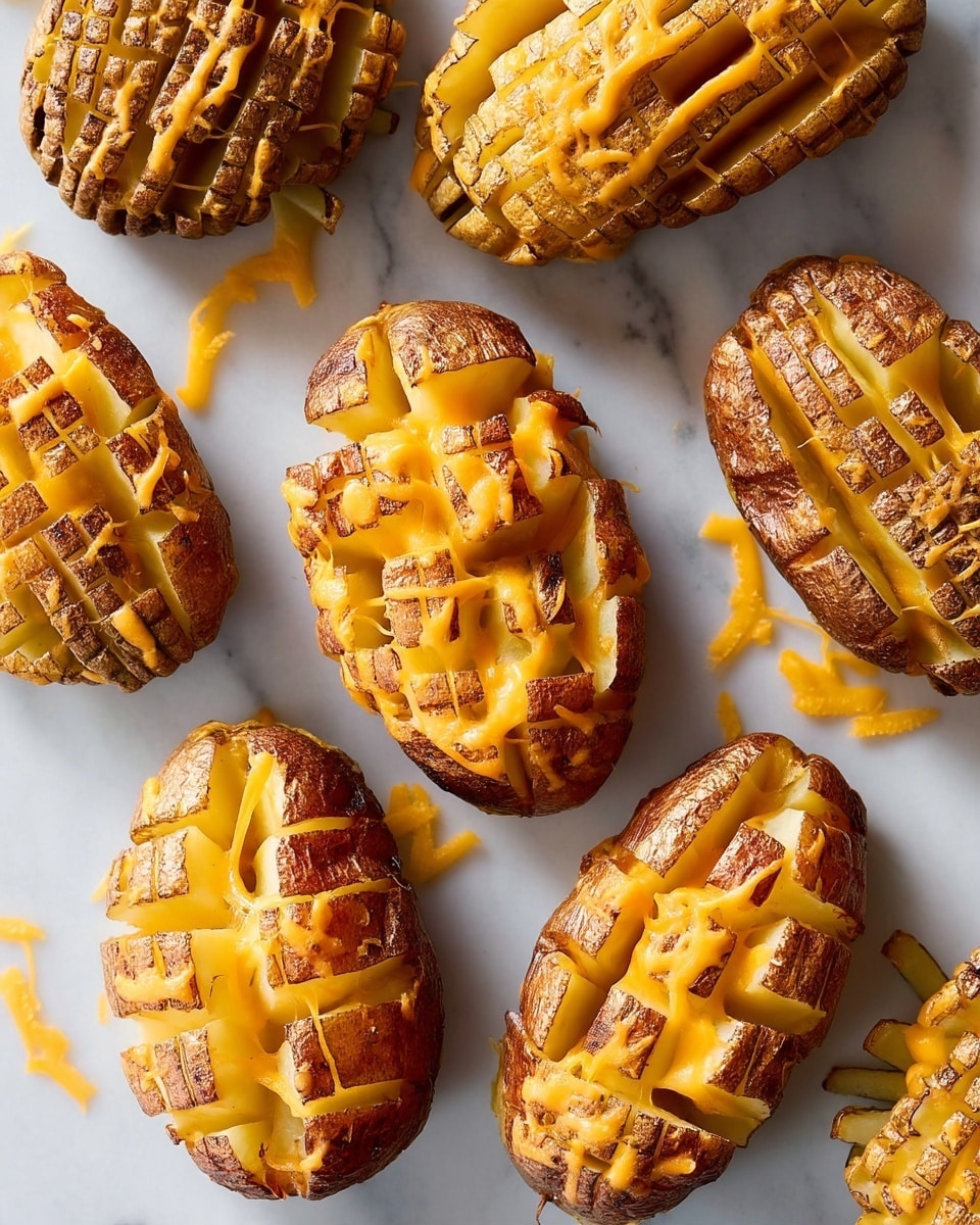 The image shows several roasted potatoes with skin on, each cut in a criss-cross pattern forming small square cubes across their top surfaces. The potatoes have a golden-brown crispy texture on the outside while the inside looks soft and creamy. Melted cheddar cheese is drizzled over the top, adding a rich orange hue and a gooey, slightly stringy texture. The potatoes are placed scattered on a white marbled surface, highlighting their warm colors and textures. Photo taken with an iphone --ar 4:5 --v 7