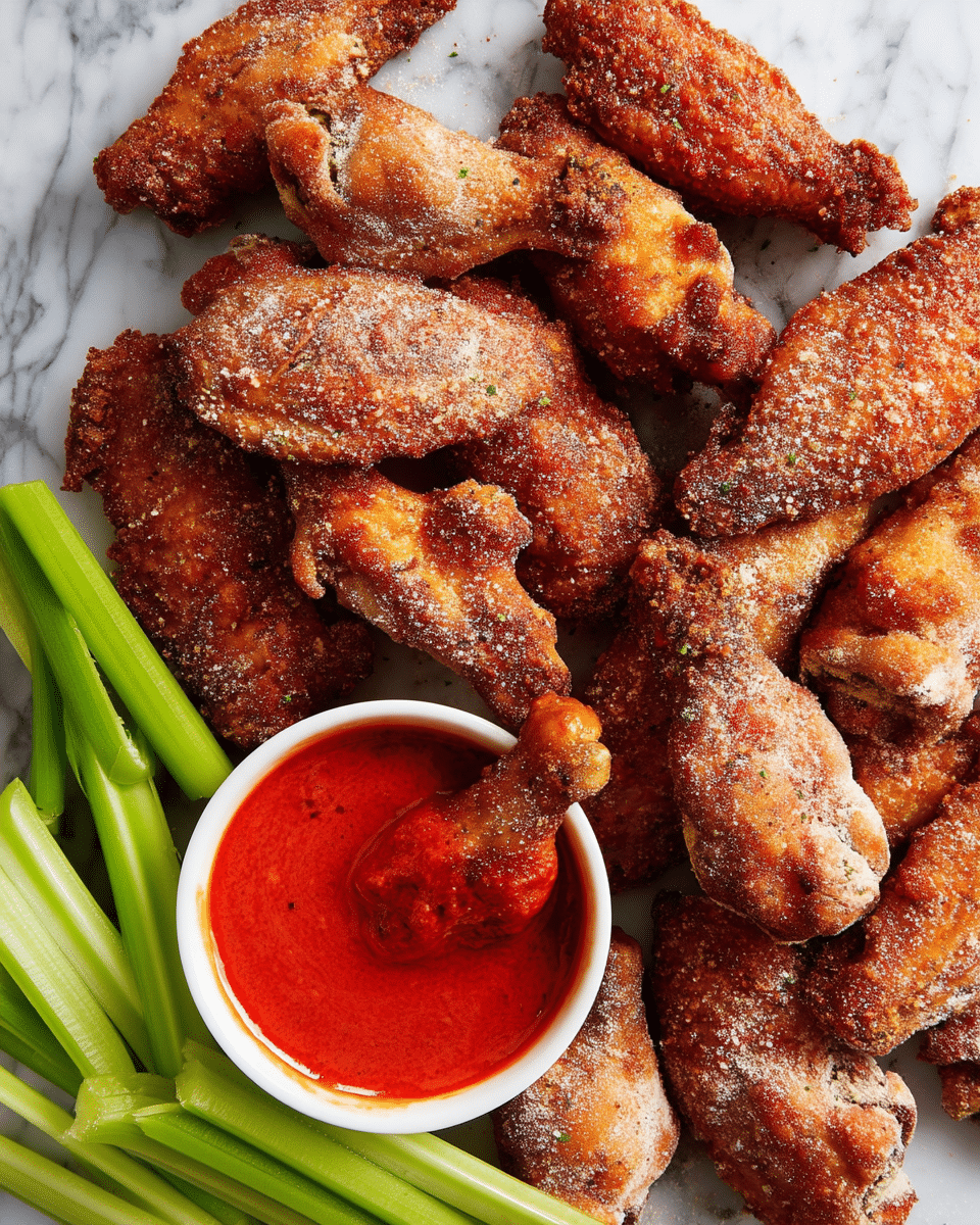The image shows a pile of crispy, golden brown chicken wings with a slightly rough texture from the breading, some with a light dusting of white powder. The wings cover most of the space, appearing crunchy and well fried. On the right side, there is a small white bowl filled with bright red dipping sauce that looks smooth and glossy, with one chicken wing half dipped inside. Around the bowl, fresh bright green celery sticks are neatly placed, adding a fresh contrast to the golden wings. The whole setup rests on a white marbled surface. Photo taken with an iphone --ar 4:5 --v 7