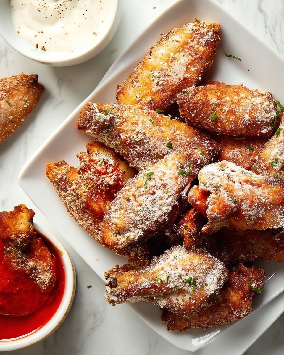 A close-up of a white square plate filled with multiple fried chicken wings, each wing covered evenly in a light dusting of powdery seasoning, showing their golden-brown crispy texture with hints of green herbs. Around the plate, there is a white round bowl at the bottom left filled with bright red sauce, holding a single wing partially dipped in it, and a white round bowl at the top left with a creamy white sauce sprinkled with black pepper. One fried chicken wing is placed alone at the top left corner on a white marbled surface. The image is bright with a clean look and the textures of the chicken and sauces are clear. photo taken with an iphone --ar 4:5 --v 7
