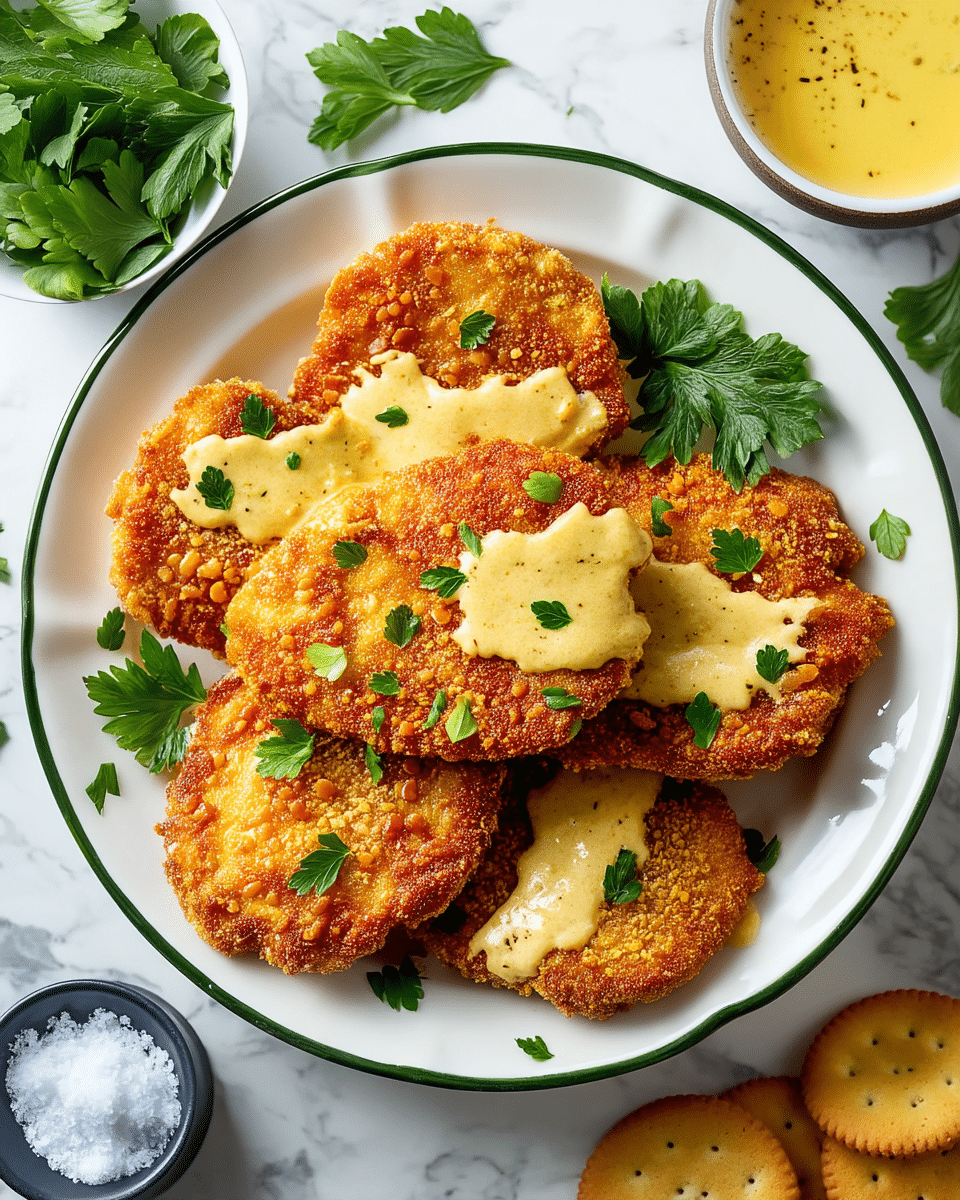 A white plate with a green rim holds several golden-brown fried cutlets stacked slightly on top of each other. The cutlets have a crispy textured crumbed coating, and a light yellow creamy sauce is drizzled over some of them, showing a smooth, slightly speckled texture. Fresh green parsley leaves are scattered across the cutlets for garnish. Surrounding the plate on a white marbled texture are a small white bowl with fresh parsley leaves, a white bowl with light yellow sauce, a small black bowl of coarse salt, and a partially opened clear packet of round golden crackers. Photo taken with an iphone --ar 4:5 --v 7