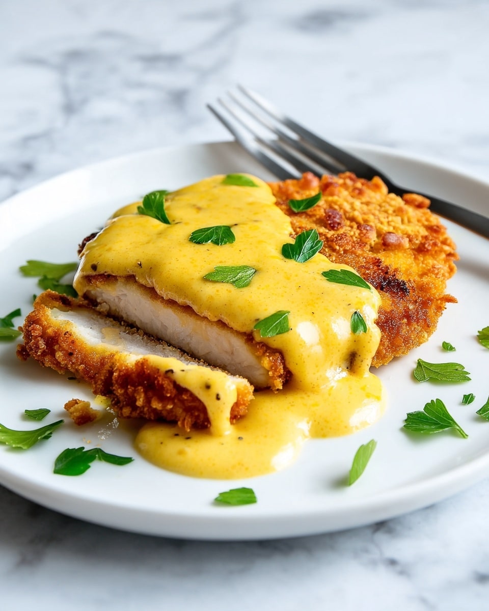 A white plate holds a golden-brown crispy breaded chicken cutlet, topped with a smooth yellow creamy sauce that spreads slightly over the edges. The chicken is cut near one side, showing the white inside meat. Small green parsley leaves are scattered on top of the sauce and around the chicken. A fork with a piece of the chicken and sauce rests near the cut section on the plate. The background is a white marbled texture. Photo taken with an iphone --ar 4:5 --v 7