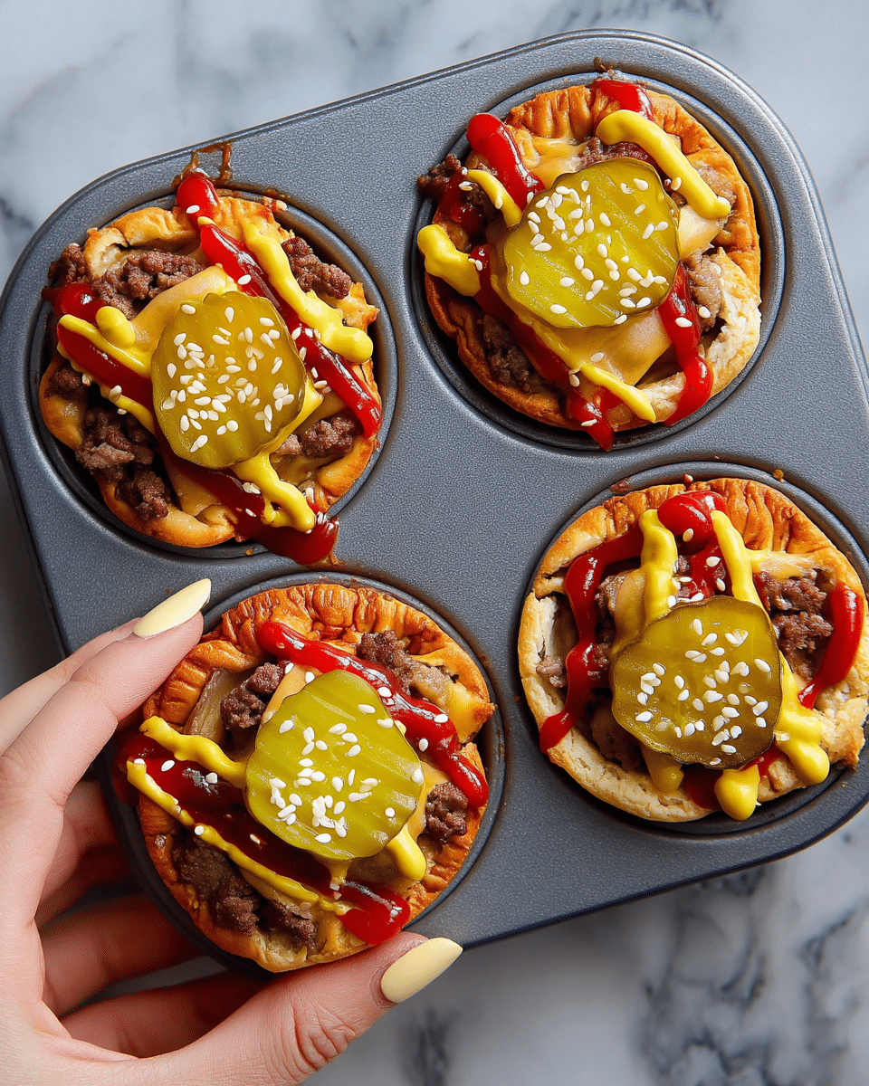 The image shows five mini cheeseburger cups inside a metal muffin tray on a white marbled surface. Each cup has a golden-brown baked bun base, topped with browned ground beef, melted yellow cheese, and two crisscrossed lines of bright red ketchup and yellow mustard. On top of each is a round green pickle slice sprinkled with white sesame seeds. One of the cups is being held by a woman's hand with light beige painted nails, showing the layers and texture clearly. Photo taken with an iphone --ar 4:5 --v 7