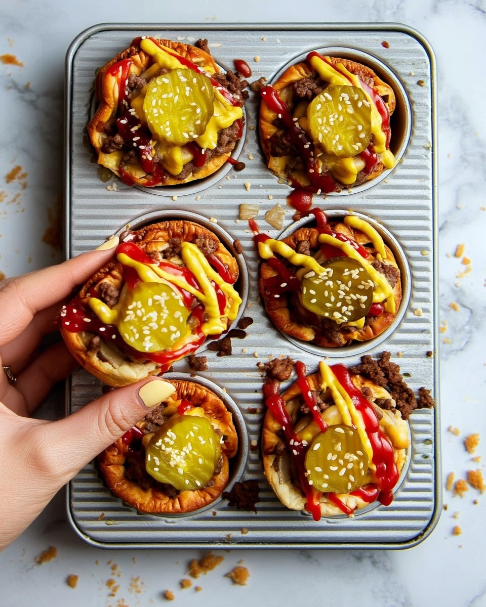 The image shows four mini cheeseburger cups placed inside a metal muffin tray on a white marbled surface. Each cup has a golden, slightly crispy bun base that holds crumbled brown cooked beef, melted yellow cheese, and small chopped light brown onions. On top of each burger cup, there is a round slice of green pickle sprinkled with white sesame seeds. Red ketchup and yellow mustard are drizzled in zigzag lines over the cheeseburger cups, some sauce spills slightly over the edges. A woman's hand with pale nail polish is lifting one of the cups from the tray. The scene has a casual, homemade feel with small crumbs scattered around the tray. photo taken with an iphone --ar 4:5 --v 7