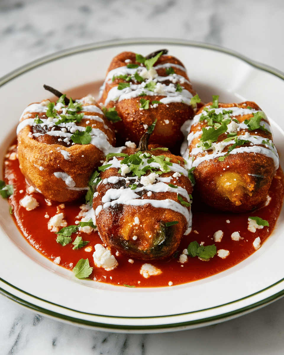 A white plate with a green thin rim holds four stuffed peppers. Each pepper has three layers: a golden, fried crispy outer layer with some darker brown spots; inside, a visible green filling seen where the fried layer is thinner, and the whole pepper has a dark brown stem on top. The peppers rest on a pool of smooth red tomato sauce that spreads across the plate. Drizzled over the peppers is a creamy white sauce applied in thin lines across their centers. Small white crumbles, likely cheese, are sprinkled over the peppers and sauce, adding texture. Small pieces of fresh green herbs are scattered on top and around the peppers for a fresh touch. The background surface is a white marbled texture. photo taken with an iphone --ar 4:5 --v 7