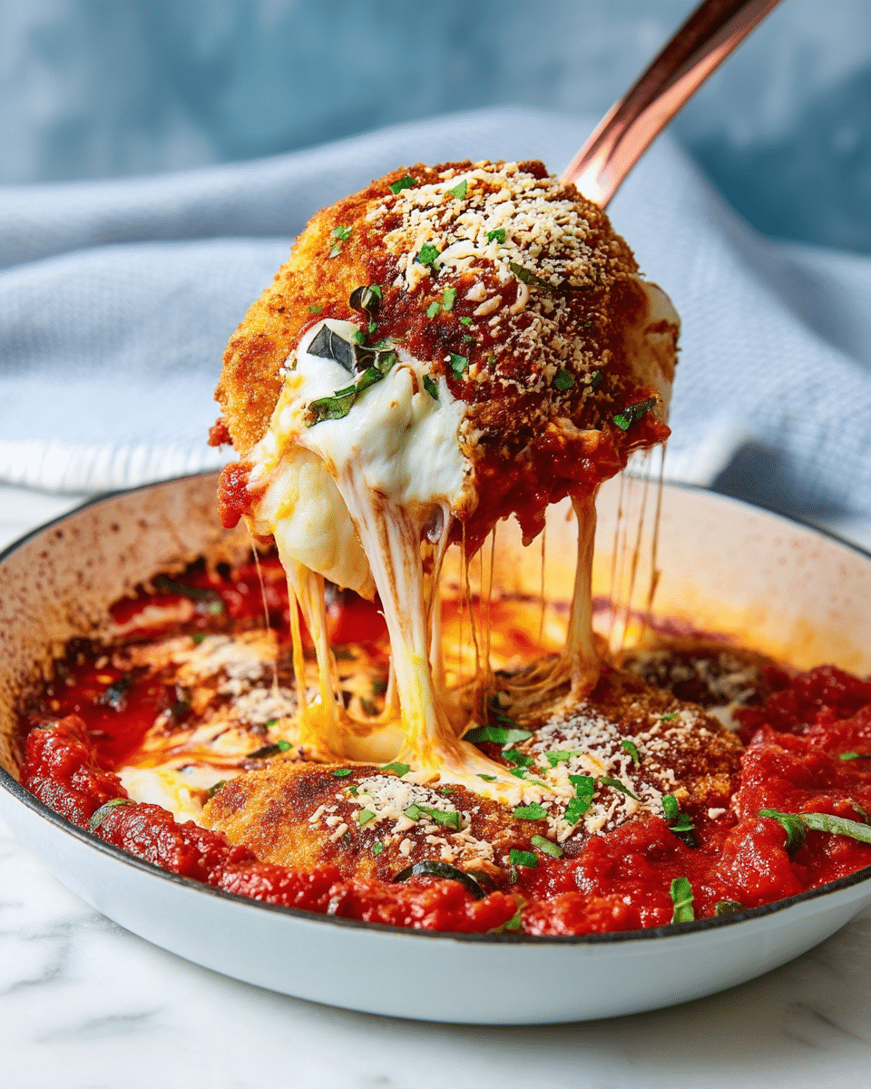 The dish shows a close-up of a cheesy baked chicken piece being lifted by a copper-colored spoon over a white enamel pan with red tomato sauce. The chicken is covered with a thick, crispy brown breadcrumb layer on top, sprinkled with grated pale cheese and green chopped herbs. Underneath the crust, melted white cheese stretches down in long strings, mixed with bits of fresh basil leaves. The pan surface is filled with chunky red tomato sauce, adding a rich and vibrant base. The background features a soft blue and white fabric on a white marbled surface. Photo taken with an iphone --ar 4:5 --v 7