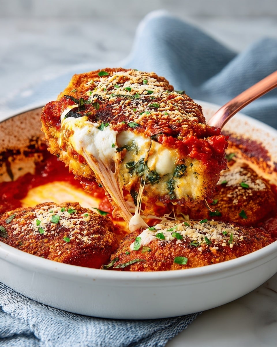 A white round dish holds two large portions of chicken Parmesan. One piece is lifted by a copper-colored serving spoon, showing layers of golden-brown crust on top, a thick layer of melted white cheese with some soft green basil leaves, and a chunky deep red tomato sauce underneath. The chicken is sprinkled with grated light yellow cheese and small chopped green herbs. The dish is set on a white marbled surface with a soft blue-grey cloth in the background. Photo taken with an iphone --ar 4:5 --v 7