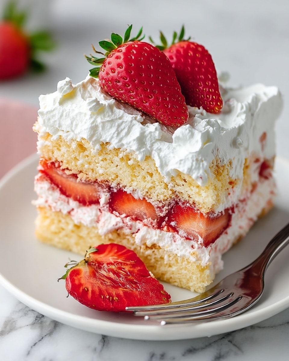 A close-up view of a slice of strawberry shortcake with three main layers: at the bottom, a light golden sponge cake; in the middle, a thick layer of white whipped cream mixed with sliced strawberries showing red and white colors; on top, another layer of golden sponge cake covered generously with fluffy white whipped cream that has a slightly rough texture. The slice is topped with a halved bright red strawberry with visible seeds and green leaves on the top edge, and another halved strawberry is placed at the base next to the cake. The cake sits on a white plate with a silver fork on the right side, all set on a white marbled surface. photo taken with an iphone --ar 4:5 --v 7