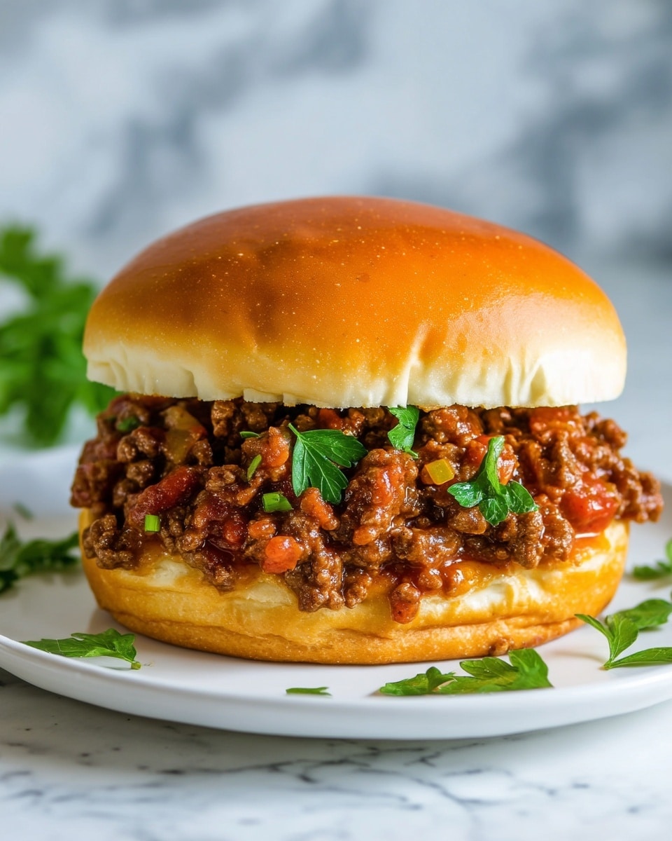 A sloppy joe sandwich on a soft, shiny golden brown bun with a fluffy white inside; the sandwich is filled with a thick layer of cooked ground beef mixed with diced onions and tomatoes in a rich brown sauce, topped with fresh green parsley leaves scattered on top. The sandwich sits on a white plate with a white marbled textured background. photo taken with an iphone --ar 4:5 --v 7