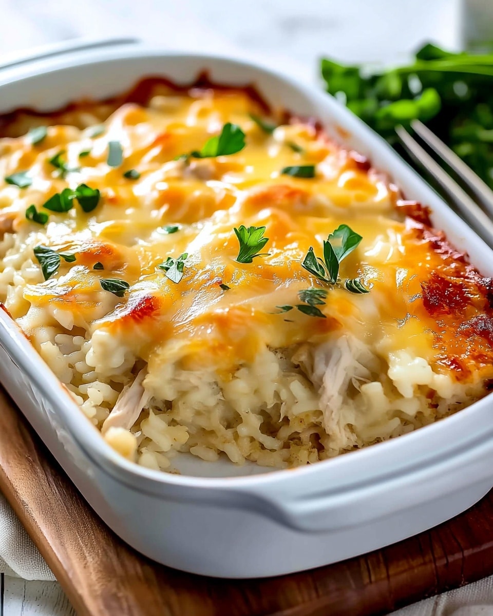 A close-up of a white baking dish filled with a creamy layered casserole. The bottom layer shows a soft mixture of rice and shredded chicken with a moist, textured look. On top is a golden-brown melted cheese layer, bubbly and slightly browned at the edges, sprinkled with small, bright green parsley leaves for a fresh contrast. The dish sits on a wooden board, and in the blurred background, a white marbled surface with forks and greenery can be seen. photo taken with an iphone --ar 4:5 --v 7