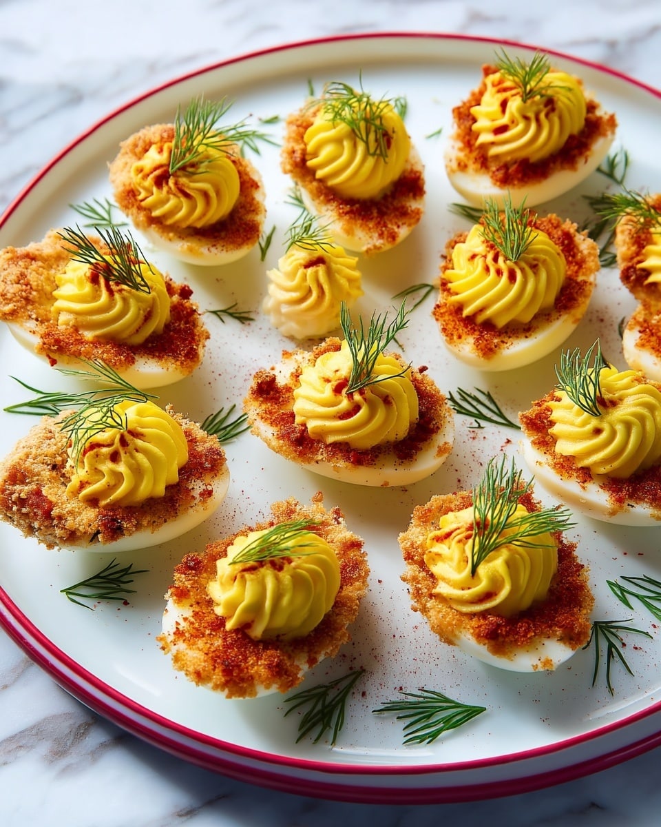 The image shows a white plate with a thin red rim placed on a white marbled surface. On the plate, there are sixteen deviled eggs arranged in a scattered but neat pattern. Each egg half has a base layer of pale white egg white, topped with a golden-brown crispy breadcrumb crust. On top of this crust sits a swirl of smooth, bright yellow yolk filling, with a light sprinkle of red paprika. Each swirl is garnished with a small sprig of fresh green dill. Small dill leaves are also scattered around the plate for decoration. photo taken with an iphone --ar 4:5 --v 7